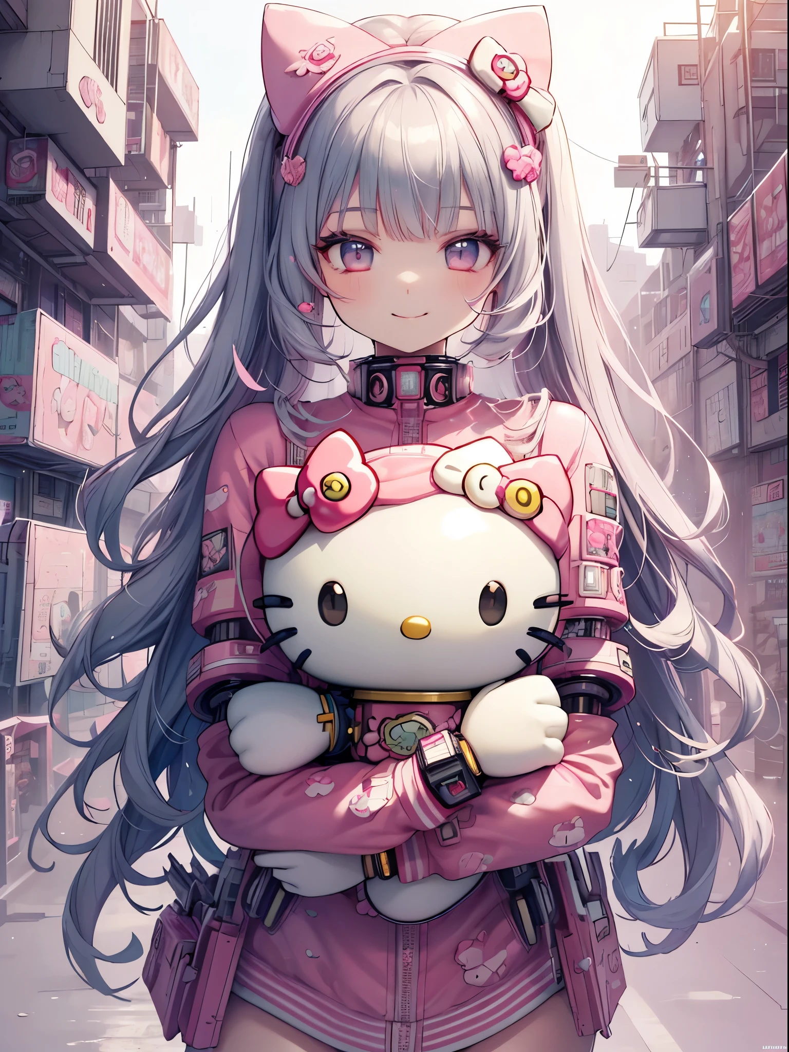 best quality, 4k wallpaper, masterpiece, Extremely detailed CG unity 8k wallpaper, Extremely detailed eyes, Extremely detailed, Intricate details, 
1 Girl, Science Fiction, (h1c4tt3ch Mecha, hugging Hello Kitty doll, Cyberpunk, Neon City Happy, Smile, Hello Kitty, cute, Lovely, Dynamic poses