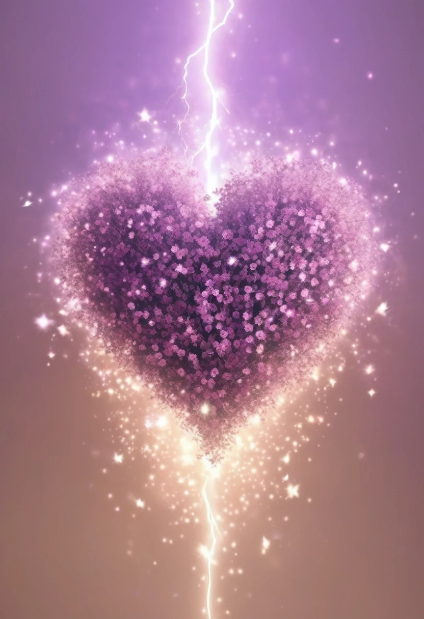 matte lilac-brown color heart and sparkling magic sparks , lightning and energy flashes ,heart with flowers ,on a soft beige background, Clear Focus, High Quality 8K