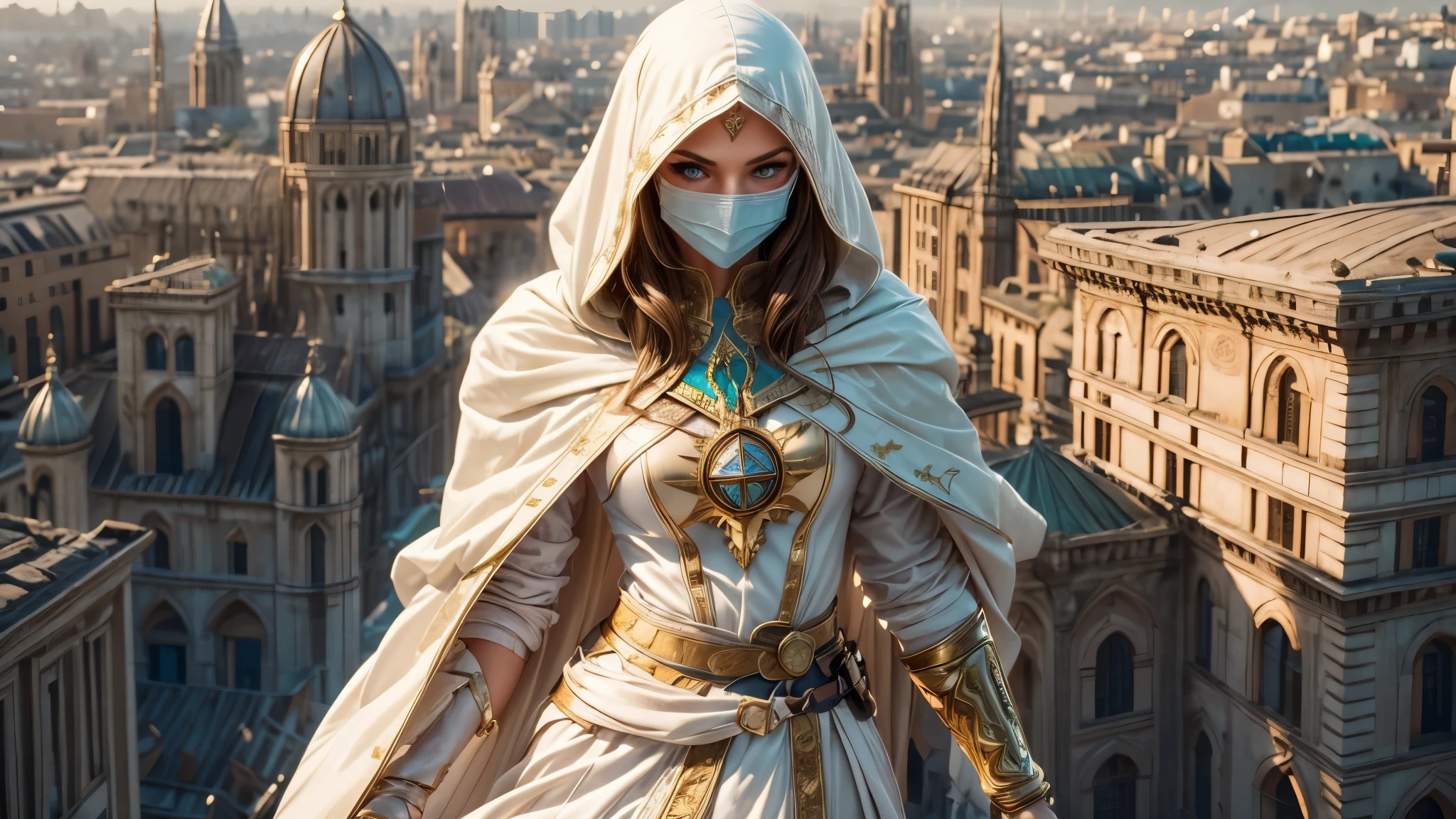 A full-body shot of Princess Zelda, brown hair, blue eyes, dressed as an Assassin from Assassins Creed, in white+gold witha white mask and hood with gold details, XL bust, using a wrist blade. Background: A city during the renaissance period. Unreal Engine 5, Anime, Anime style, Masterpiece, Well drawn eyes, well drawn face, well detailed eyes, well detailed face, 8k, light and shadow effect.  