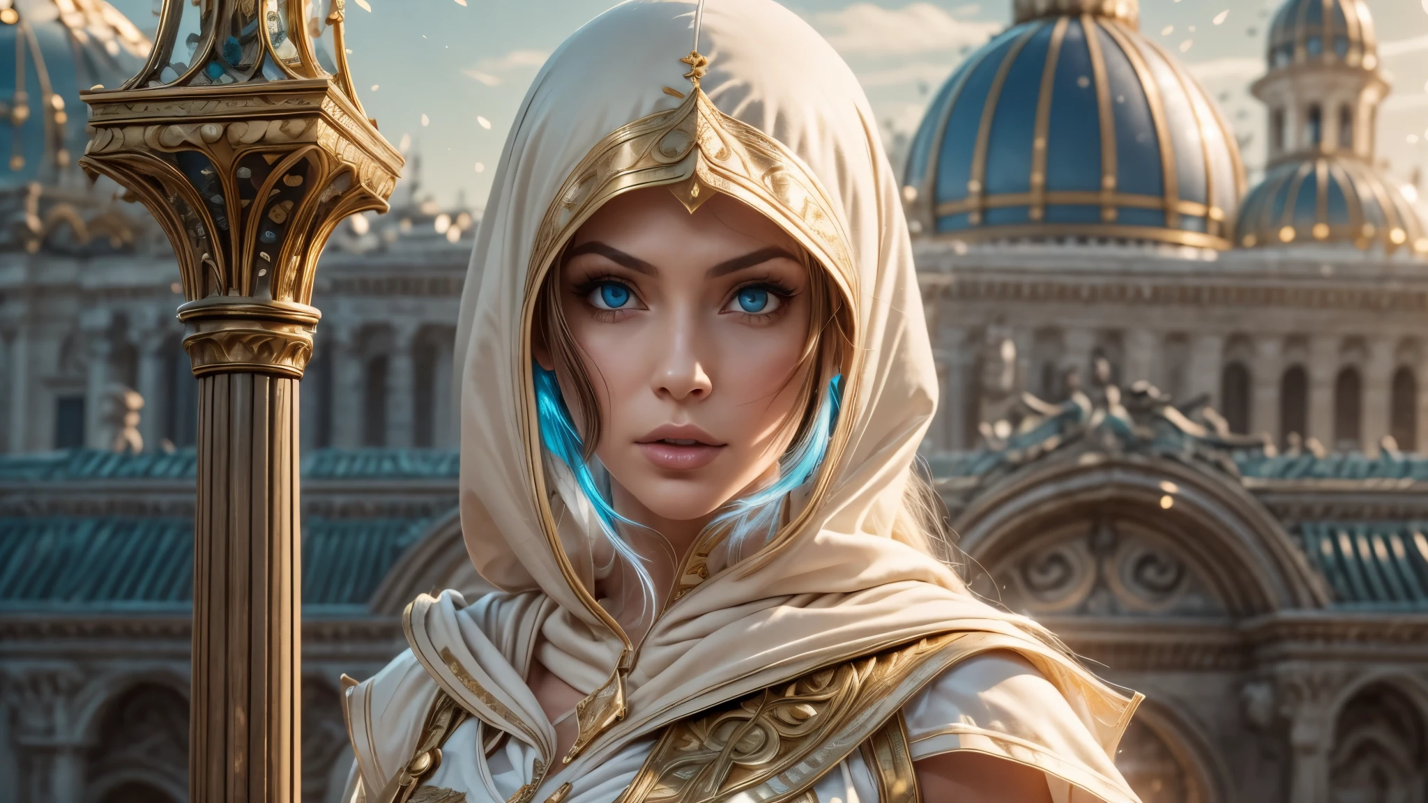 A full-body shot of Princess Zelda, brown hair, blue eyes, dressed as an Assassin from Assassins Creed, in white+gold witha white mask and hood with gold details, XL bust, using a wrist blade. Background: A city during the renaissance period. Unreal Engine 5, Anime, Anime style, Masterpiece, Well drawn eyes, well drawn face, well detailed eyes, well detailed face, 8k, light and shadow effect.