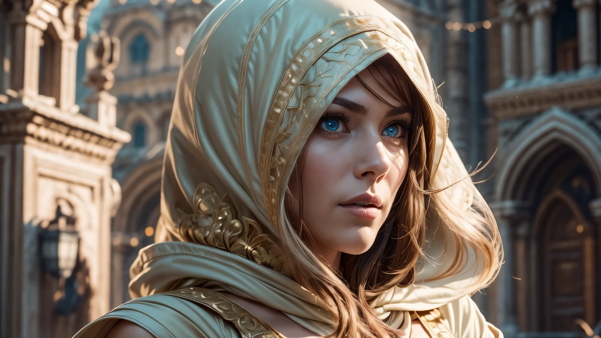 A full-body shot of Princess Zelda, brown hair, blue eyes, dressed as an Assassin from Assassins Creed, in white+gold witha white mask and hood with gold details, XL bust, using a wrist blade. Background: A city during the renaissance period. Unreal Engine 5, Anime, Anime style, Masterpiece, Well drawn eyes, well drawn face, well detailed eyes, well detailed face, 8k, light and shadow effect.  