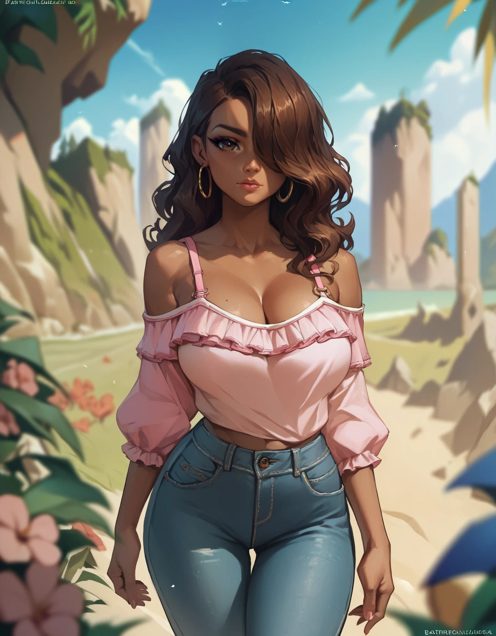 score_9, score_8_up, score_7_up, score_6_up, score_5_up, score_4_up, ((low depth of field)), , (beautiful landscape), BREAK woman standing on beach, 1girl, dark-skinned female, large breasts, brown eyes, brown hair, wavy hair, hair over one eye, hoop earings, shirt,, off-shoulder shirt, pink topwear, bra strap, jeans, looking at viewer, curious expression
