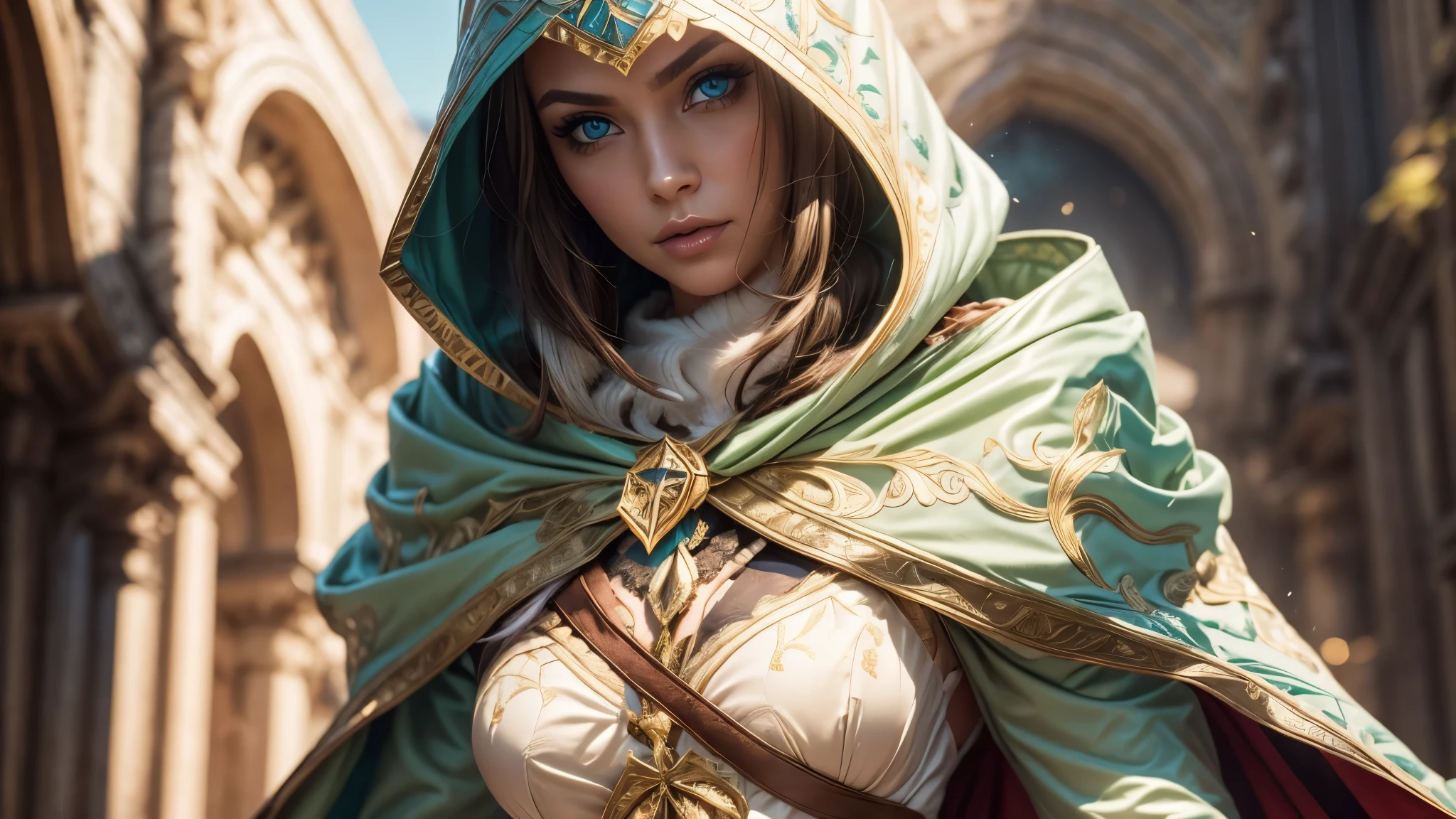 A full-body shot of topless Princess Zelda, brown hair, blue eyes, dressed as an Assassin from Assassins Creed, in white+gold witha white mask and hood with gold details, XL bust, using a wrist blade. Background: A city during the renaissance period. Unreal Engine 5, Anime, Anime style, Masterpiece, Well drawn eyes, well drawn face, well detailed eyes, well detailed face, 8k, light and shadow effect.