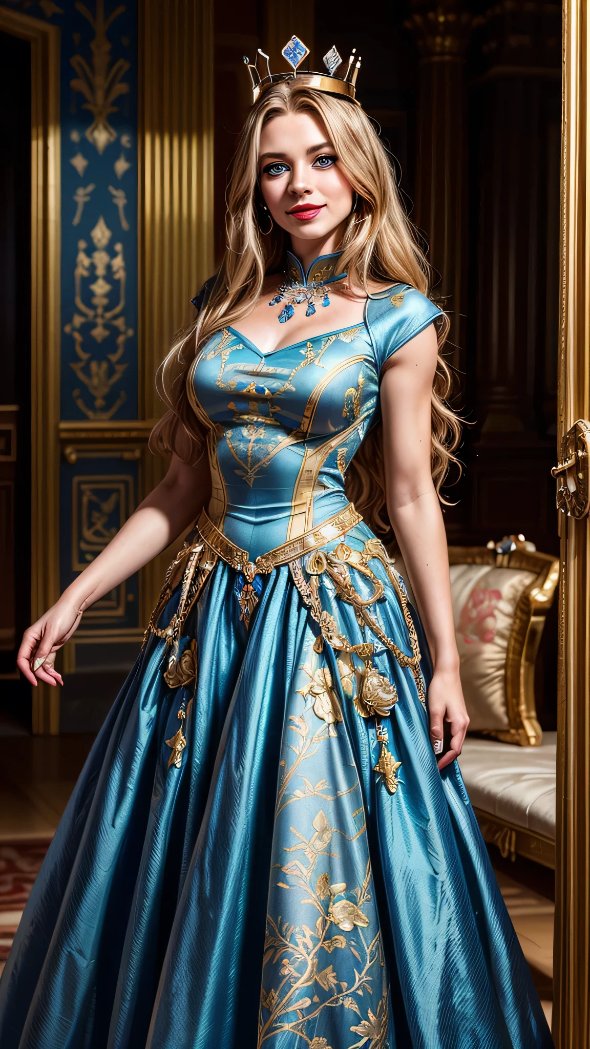((best quality: 1.5)) ((masterpiece)), intricate details, sharp focus, professional, real life, realistic representation of the face, dynamic pose, in the style of realistic and hyper detailed renderings BREAK ((detailed (((athletic, (suntan, (blue gold chinoiserie renaissance ball gown, (queen, crown, jewels))), blackout eye makeup: 0.4, iceblue eyes), long curly hair [bright ginger hair:blond hair:0.7], smiling, shadows, red lipstick, outdoors, faraway castle)), professional lighting, photon mapping, radiosity, physically based rendering, ultra resolution, hyper-realistic)), photorealistic, hyper-realistic, 8K

