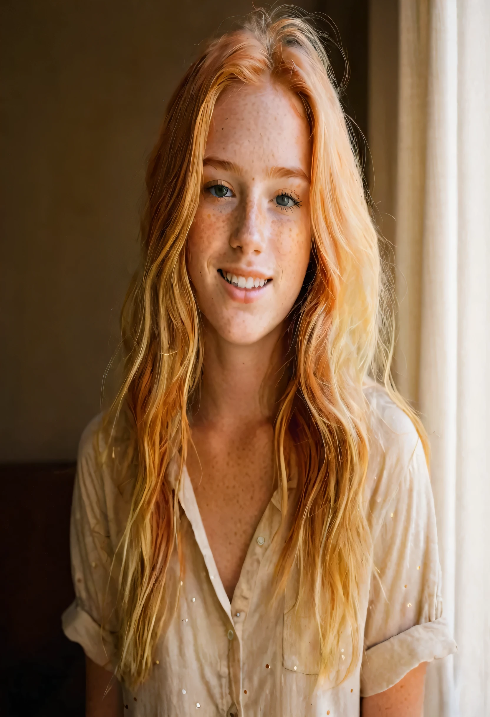 Girl with orange hair that has blonde tips. She has freckles.