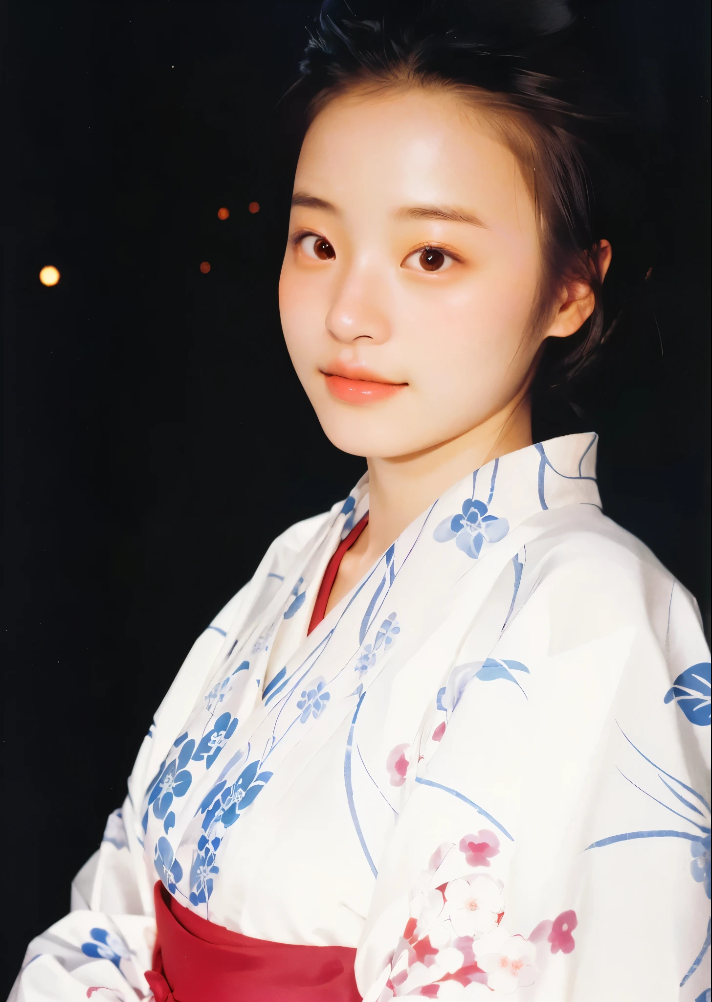 A woman in a kimono stands in the darkness, Zhen Ji, Fujicolor with flash, aya takano, Young Asian Woman, akiko takase, Cui Fan, Shwehan, Around 19 years old, kiyoko suzuki, Ming-Chen Shen, Jiyun Choi, taken in the early 1990s, Kazue Kato