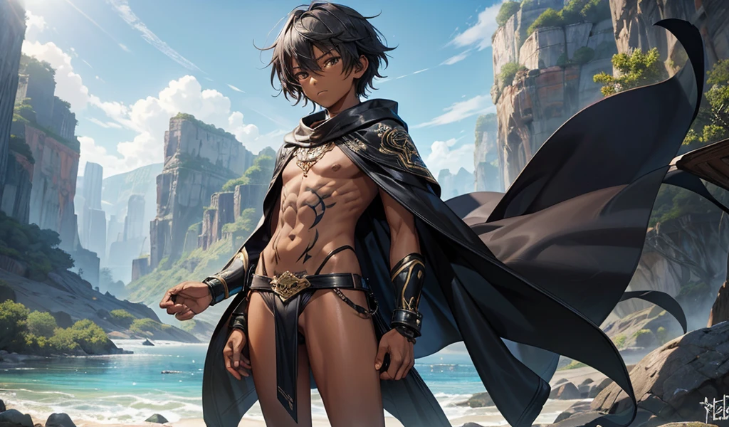  boy，gray short hair，Dark skin，flat chest，Very slim figure，cloak，Tattoo，animal skin top，Animal leather skirt，thong，Thin legs，Valley River