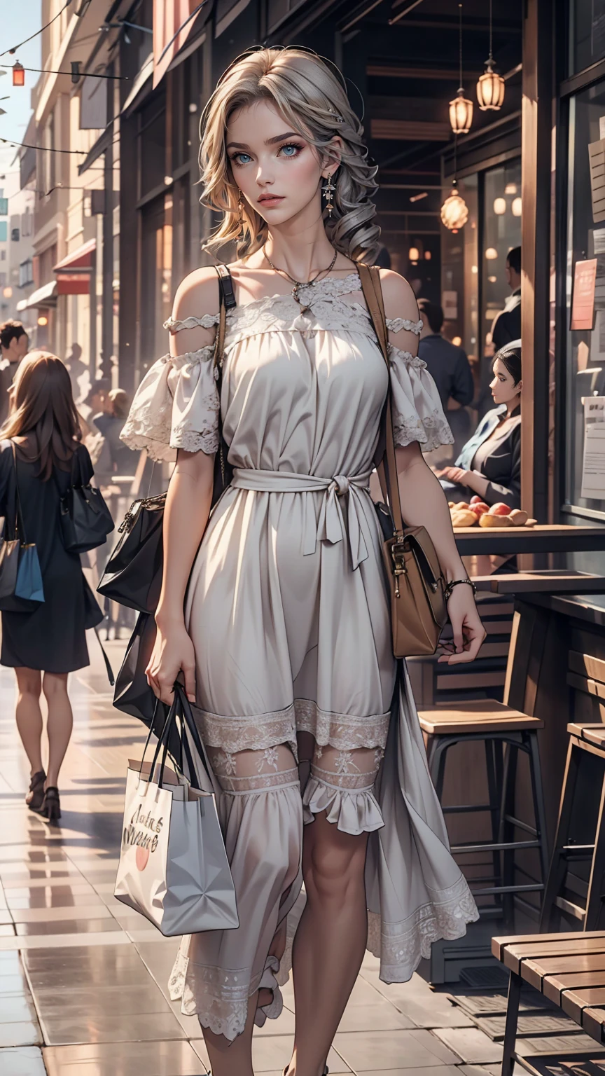 24 year old Caucasian female、blue eyes、Silver Hair、long hair、Vertical roll on one side((side drill))、Wear a strap-shoulder dress、Wear mules、Tote bag on shoulder、French bread comes out of the tote bag、Shopping in the downtown area