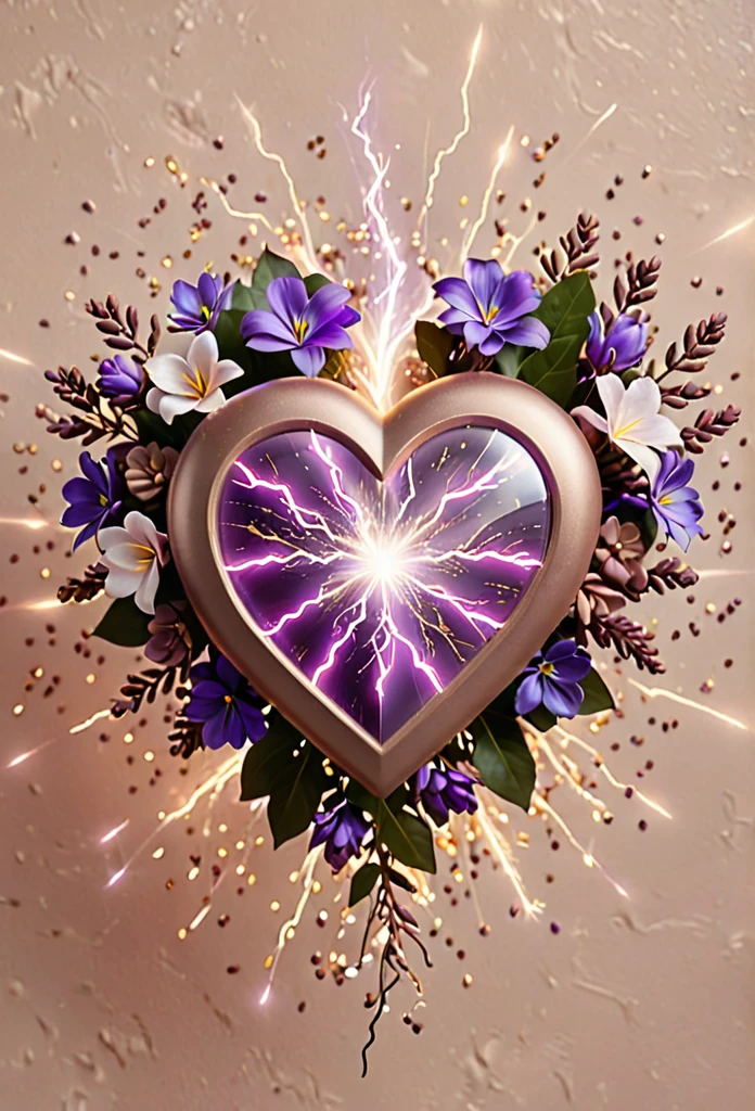 matte lilac-brown color heart and sparkling magic sparks , lightning and energy flashes ,heart with flowers ,on a soft beige background, Clear Focus, High Quality 8K