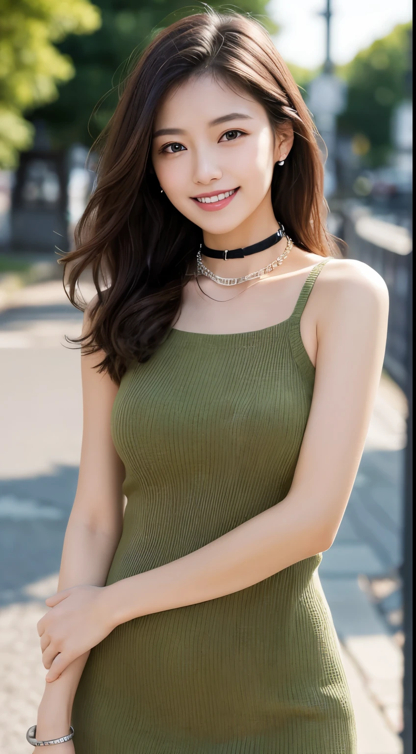 Tabletop, highest quality, figure, Very detailed, In detail, High resolution, 8k wallpaper, Perfect dynamic composition, Beautiful fine details, dress,Medium Hair, Center of chest, Natural color lip, Random sexy poses,smile,Aoyama Street Walk、20-year-old girl、Shoulderless knit(Shui Color)、Slid、Choker with chain、I keep my hair tied