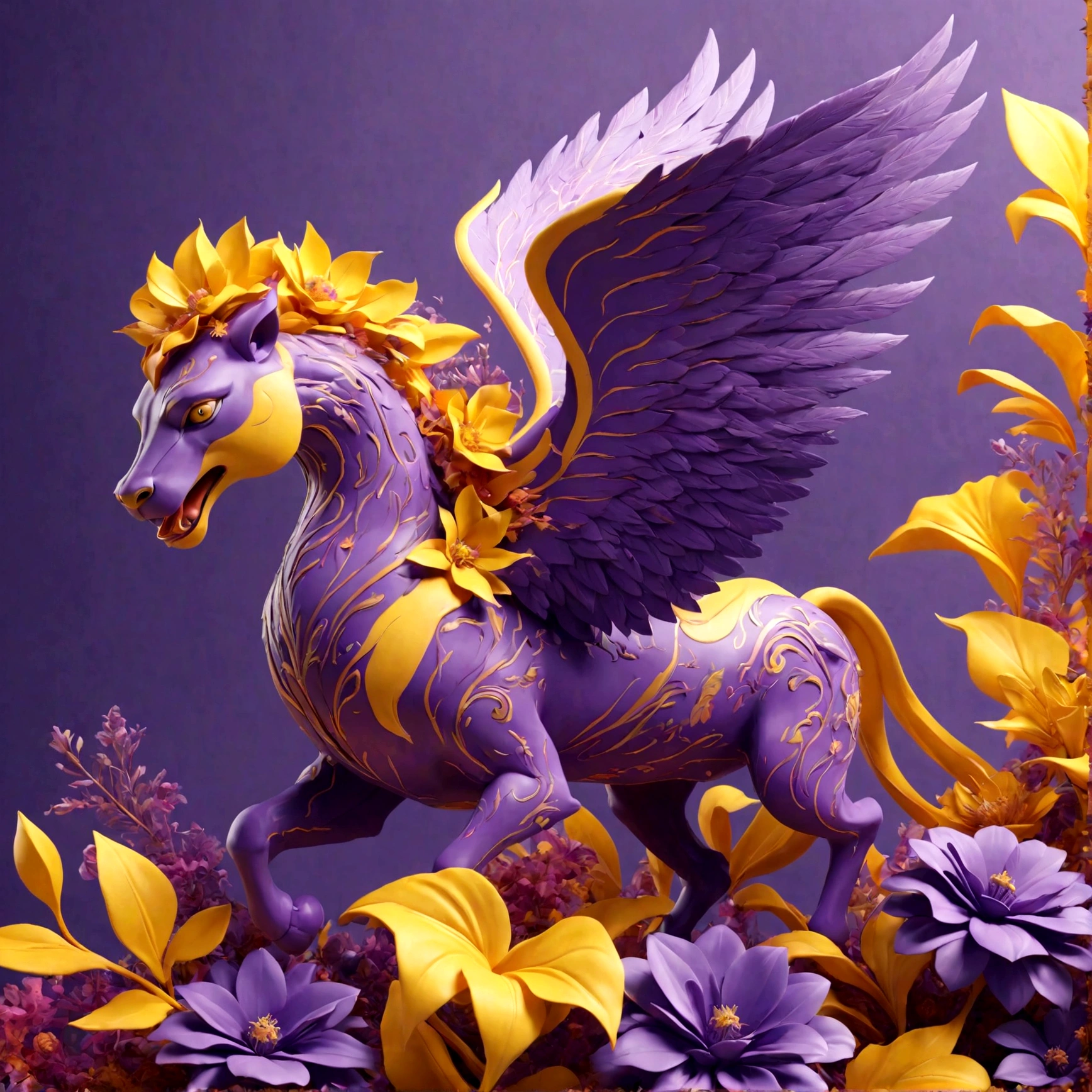 abstract 3D shape flying Chimera, foliage and flowers incorporated, light emitting, purple and yellow background