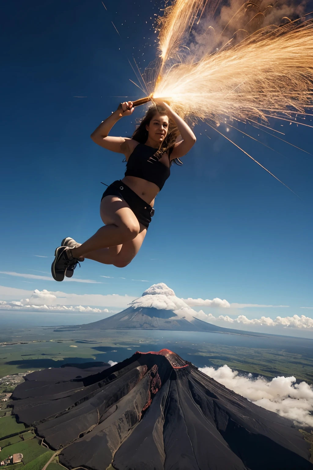 Woman flying on volcano