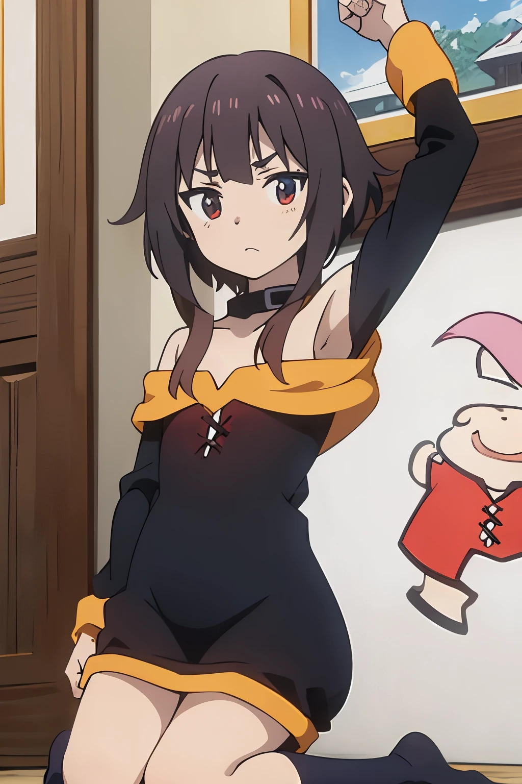 masterpiece, best quality, megumin.off shoulder-sweater. armpitpeek.armpit. flat. cute . young.cloth fell off. . kneeling. looking at viewer. grade school. flat.skinny