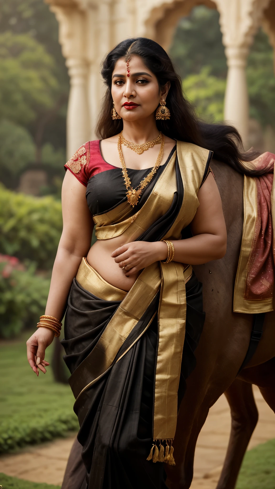 photorealistic,fullbody shot,cinematic shot, studio lighting, shot Phase One, ISO 100, natural lighting , sharpen , lightroom, fine art photography, hyperdetailed, highly detailed, 8 k, sharp details on face, photography, woman, (55+ age) woman in black Bengali saree, looking at viewer, jewerly and hair on hair, red lipstick, golden necklace, earrings, ornate, detail, flowers, blurry background, soft focus (curvy body) (chubby MATURE), Kakatiya Rani Rudrama devi Look, The haughty lady, Standing proudly with his horse in the garden outside the big palace