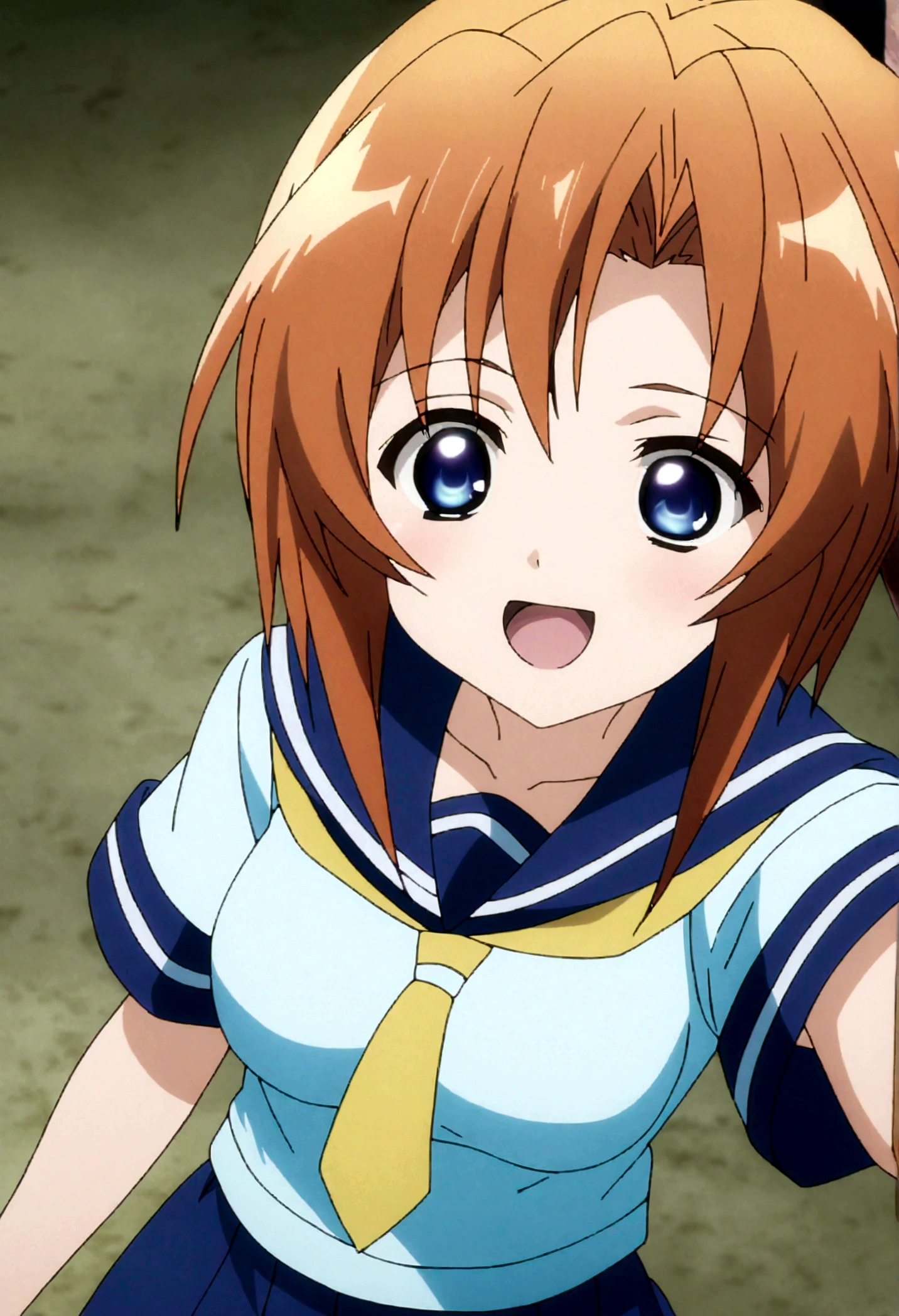  score_9, score_8_up, score_7_up, score_6_up, source_anime, , 1girl, ryuuguu rena, solo, teenage, kawaii, breasts, medium breasts, blue eyes,  open mouth, orange hair, short hair, medium breasts, simple background, white background, blue , serafuku, skirt, smile, pleated skirt, blue skirt, necktie, yellow necktie,from above,)selfie),straight-on,anime screencap, anime coloring,(best quality),(aesthetic,very aesthetic),anime keyvisual,sharp focus,depth of field,,professional lighting,cinematic lighting,