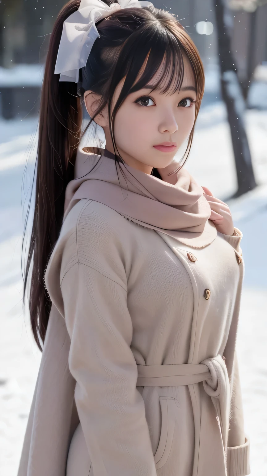 blush,Long hair ponytail,A big ribbon in her hair,(8k, RAW Photos, highest quality, Pieces fly:1.2), (reality, Realistic:1.4), (Highly detailed 8k wallpaper), Sharp focus, Depth of written border, Cinema Lighting, Soft Light, Detailed Beauty Eye,Shiny and smooth light brown ponytail, Asymmetrical bangs, Shiny skin, Highly detailed skin ,High resolution, High detail, Detailed hairstyle, Beautiful face with attention to detail, Hyper Real, Perfect limbs, Perfect Anatomy ,1 Japanese girl,Famous Japanese Idols, Perfect female body,A shy smile,short eyelashes,double eyelid,Look straight here,Hairstyle: Ponytail,Attach a ribbon, office,Long ponytail hairstyle,Wear a scrunchie,Wearing a long coat,Street,Stand up straight and face me,The whole body is visible,winter,Warm clothes,look straight at me,Wear a scarf,It's snowing,European cityscape,Cobblestone Street,A European church can be seen in the background.,In front of a European church,at night,The lights are shining,Small breasts