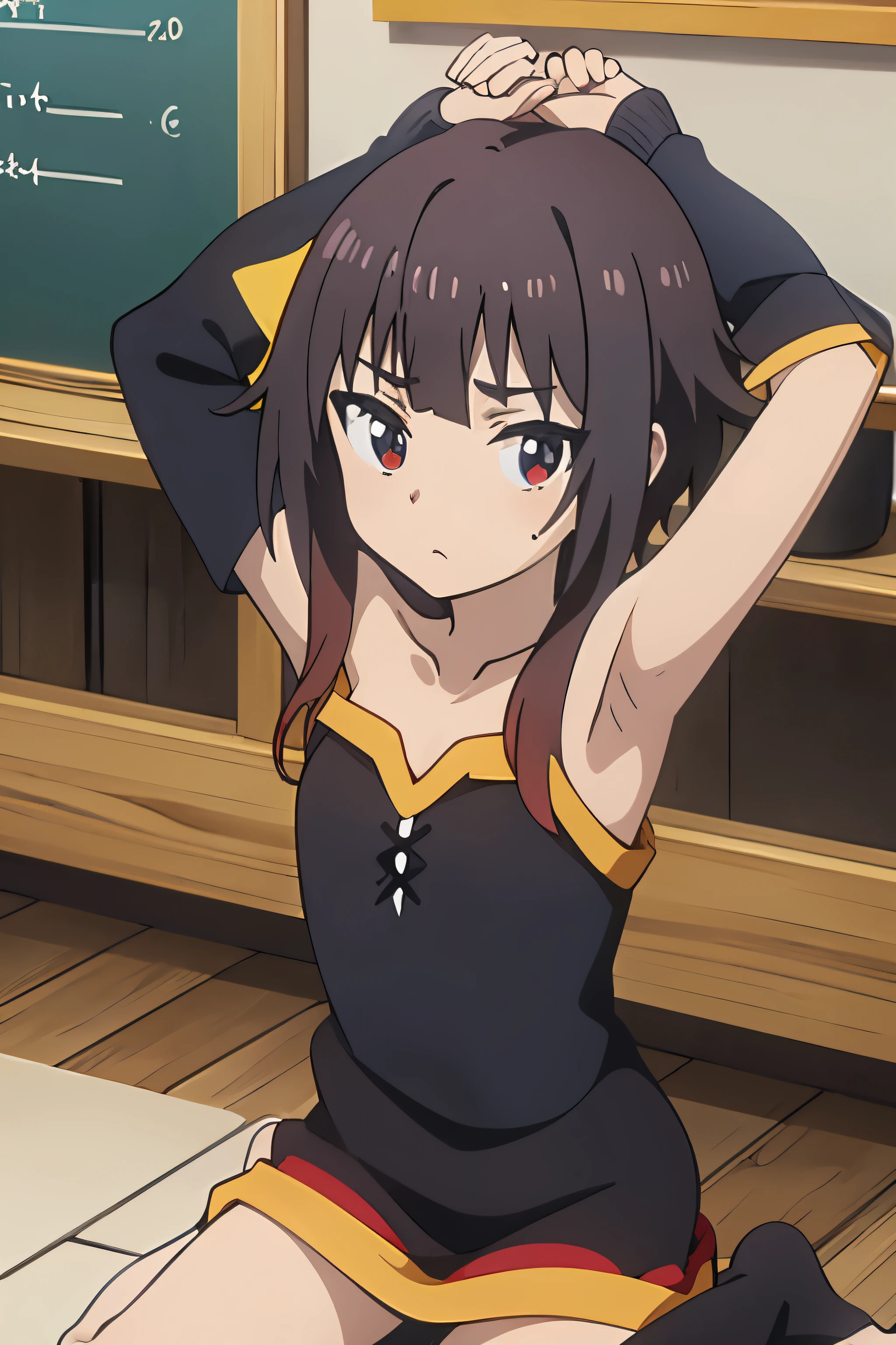 masterpiece, best quality, megumin.off shoulder-sweater. armpitpeek.armpit. flat. cute . young.cloth fell off. . kneeling. looking at viewer. . flat.skinny