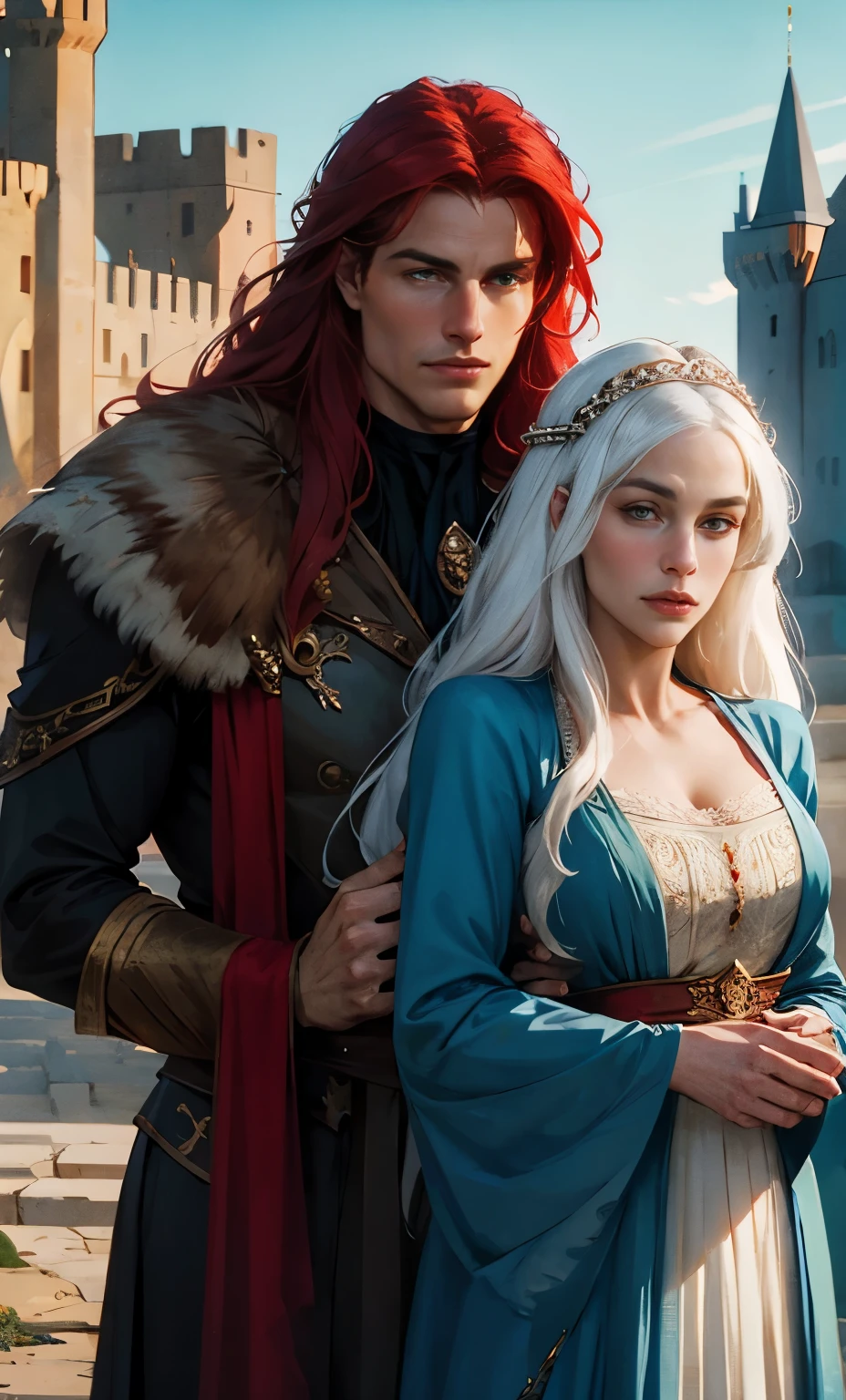 The Middle Ages, the Polish-Lithuanian Commonwealth, red blue flowers, the 16th century, a man and a woman next to each other. The man is attractive, has long red scarlet hair, looks like Tom Cruise, in a caftan with fur trim. A beautiful woman with long white hair, a face similar to Daenerys in the princely attire of the queen, a castle in the background, hd