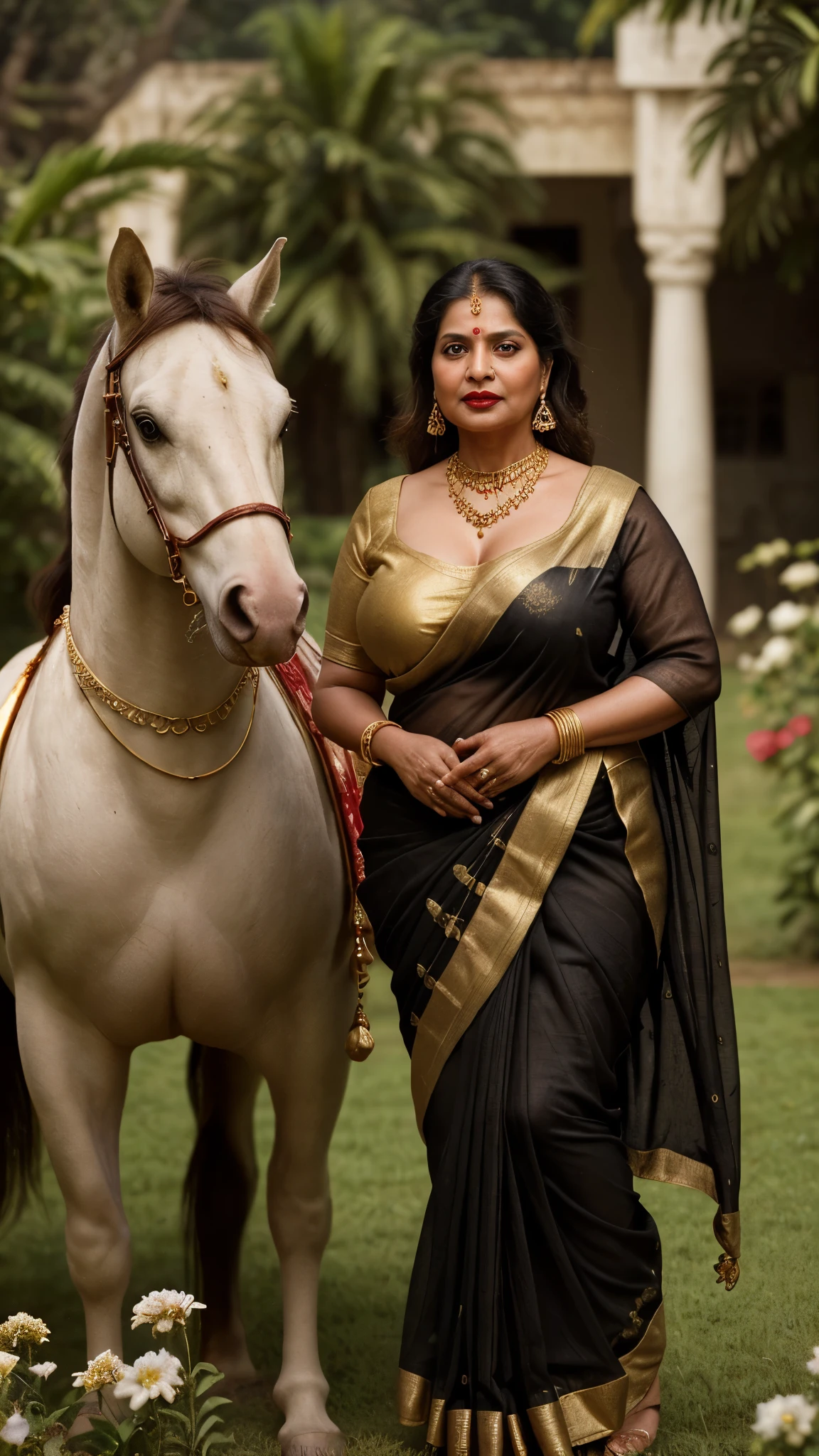 photorealistic,fullbody shot,cinematic shot, studio lighting, shot Phase One, ISO 100, natural lighting , sharpen , lightroom, fine art photography, hyperdetailed, highly detailed, 8 k, sharp details on face, photography, woman, (55+ age) woman in black Bengali saree, looking at viewer, jewerly and hair on hair, red lipstick, golden necklace, earrings, ornate, detail, flowers, blurry background, soft focus (curvy body) (chubby MATURE), Kakatiya Rani Rudrama devi Look, The haughty lady, Standing proudly with his horse in the garden outside the big palace