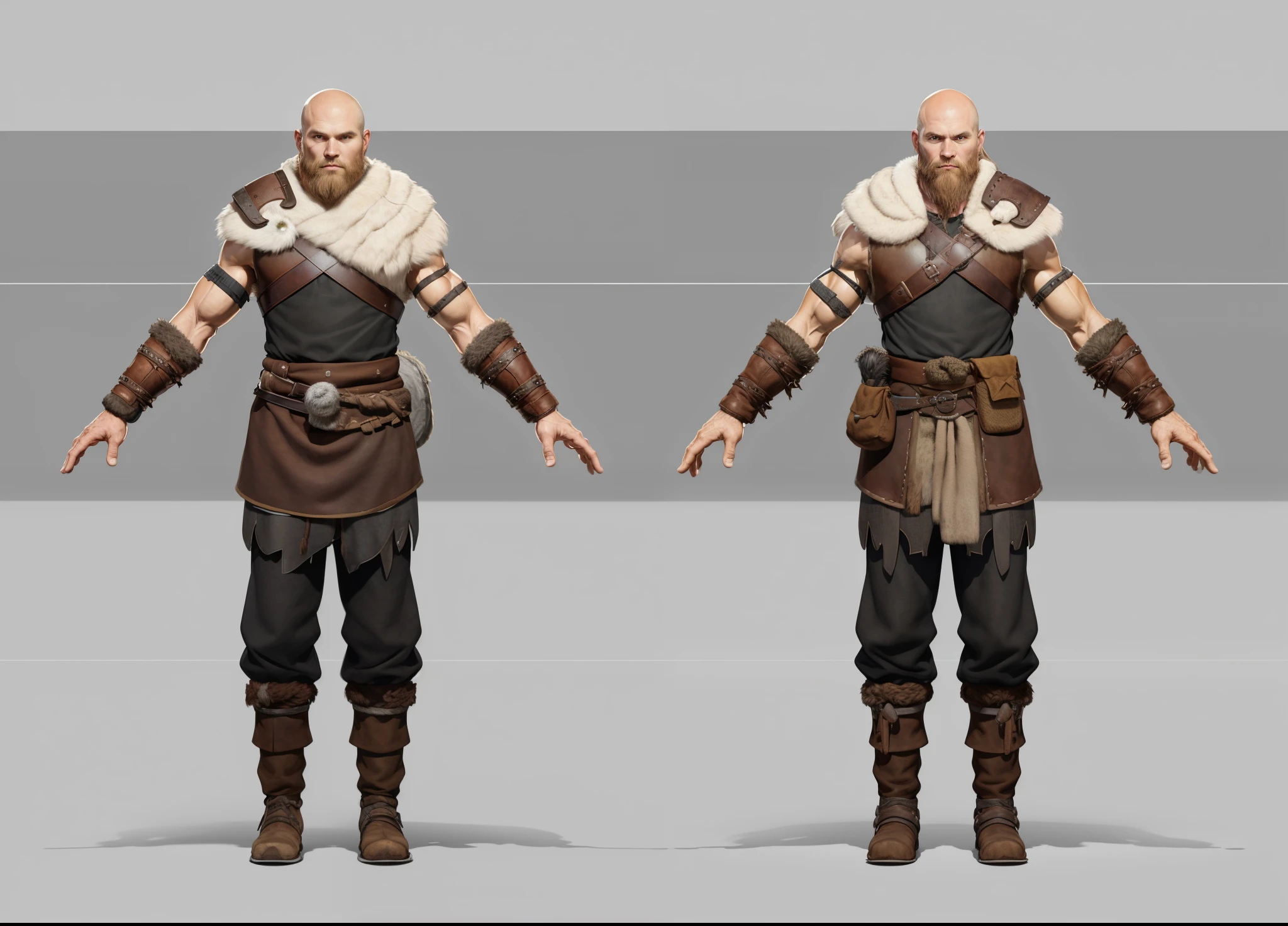 ( Realistic:1.33),(masterpiece:1.1),(highest quality:1.1),(HDR:1) a close up of a hunter villager with fur coat, medieval villager , wool cloth, full body concept, detailed full body concept, Viking ranger style, Viking protective, Portrait of a Viking, Viking warrior, Viking culture, Nordic warrior, Viking costume, Ancient Viking warrior, wearing Viking clothing, male Viking, with Machado, Nordic inspiration, Viking and barbarian aesthetics, full body character concept,costume concept design, full body details, detailed full body concept art, full character body, character model sheet turnaround, fullbody shot turnaround, concept character sheet, full body concept art, reference model sheet , full body concept art, RPG style character, game character design, 3d character reference sheet, video game character concept, detailed character design, character sheet, [ character model sheet turnaround ], front and back, ((front and back)), grey clean background, 3D character, leather belt, leather boots with rob, ((gambeson cloth)), leather belt on chest, (viking warrior), ((barbarian)),(((wide chest)), leather shoulder armor, (gambeson loincloth), ragged loincloth,((woolen drawstring pouch))