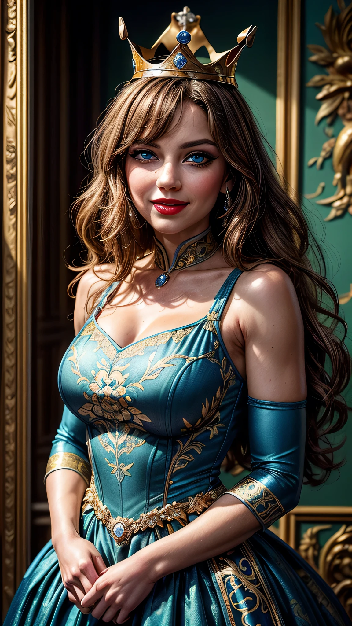 (masterpiece), (extremely intricate:1.3), (realistic), portrait of a muscular girl, ((((detailed woman, ((blackout gothic eye makeup, red lips, strong square cleft chin, arrogant, [flat chest:medium breasts:0.8]), long wavy [blonde hair:dark hair:0.2], (((bright blue gold chinoiserie evening gown))))))), freckles:1.0, professional lighting, photon mapping, radiosity, physically based rendering, ultra resolution, hyper-realistic), metal reflections, upper body, outdoors, intense sunlight, far away castle, professional photograph of a stunning woman detailed, sharp focus, dramatic, award winning, cinematic lighting, volumetrics dtx, (film grain, blurry background, blurry foreground, bokeh, depth of field, sunset, interaction, photorealistic:1.4), 8K