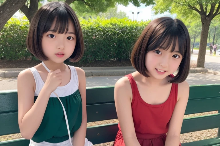 Cute girls、Bobcut、Tank top and hot pants、round face、Red cheeks、Mouth open、Park bench