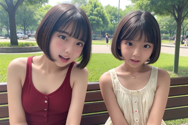 Cute 12 year old girls、Bobcut、Tank top and hot pants、round face、Red cheeks、Mouth open、Park bench