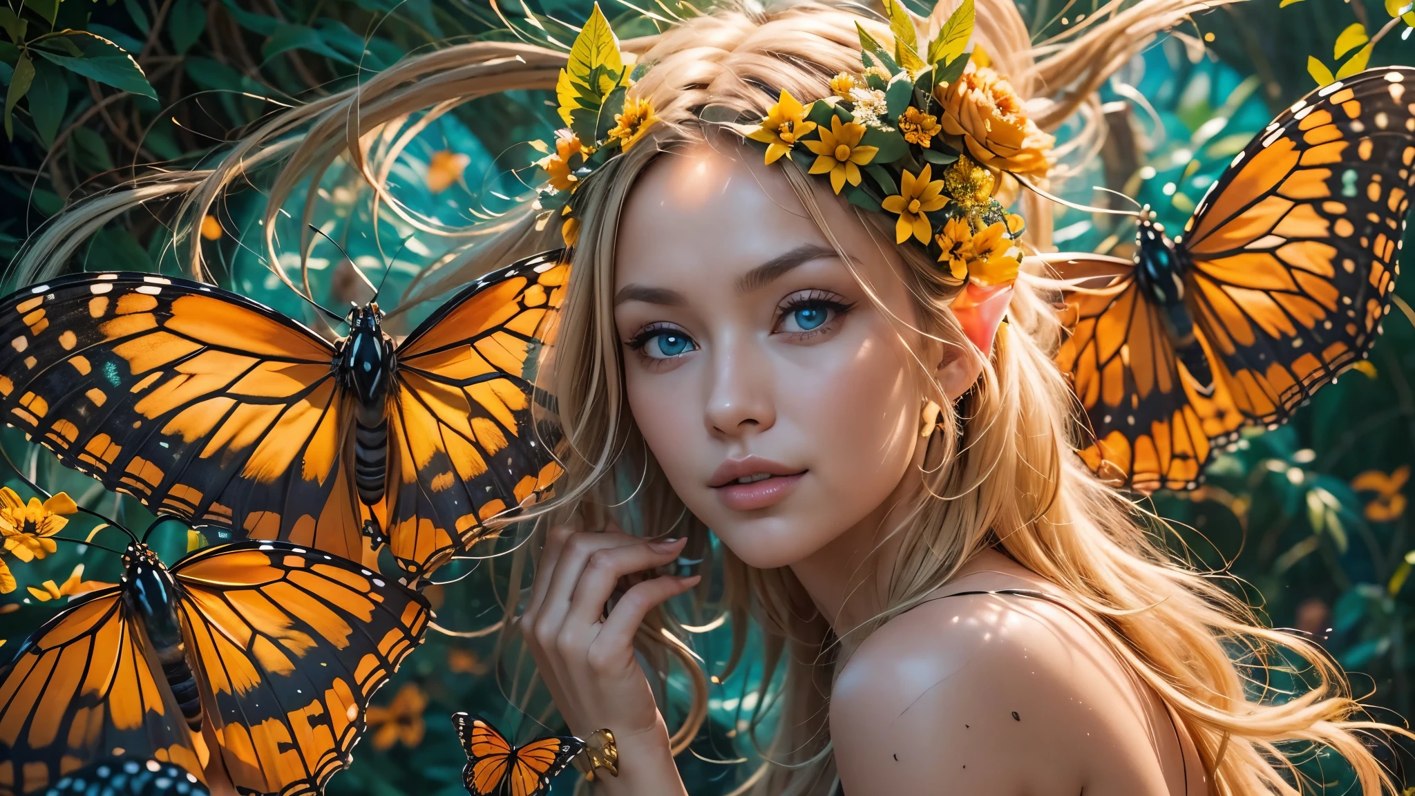 Beautiful faerie woman, elf ear, flying, massive monarch butterfly wings between shoulder blades, glowing blue eyes, detailed proportional hands, proportional body, firm breast, frank Frazzetta painting style, (Best Quality:1.4), (Ultra-detailed), (extremely detailed CG unified 8k wallpaper), Highly detailed, RAW Photos, Professional Photography, plein air, Illumination, (Super fancy photos:1.4), (Dazzling light), Radiant Photography, depth of fields