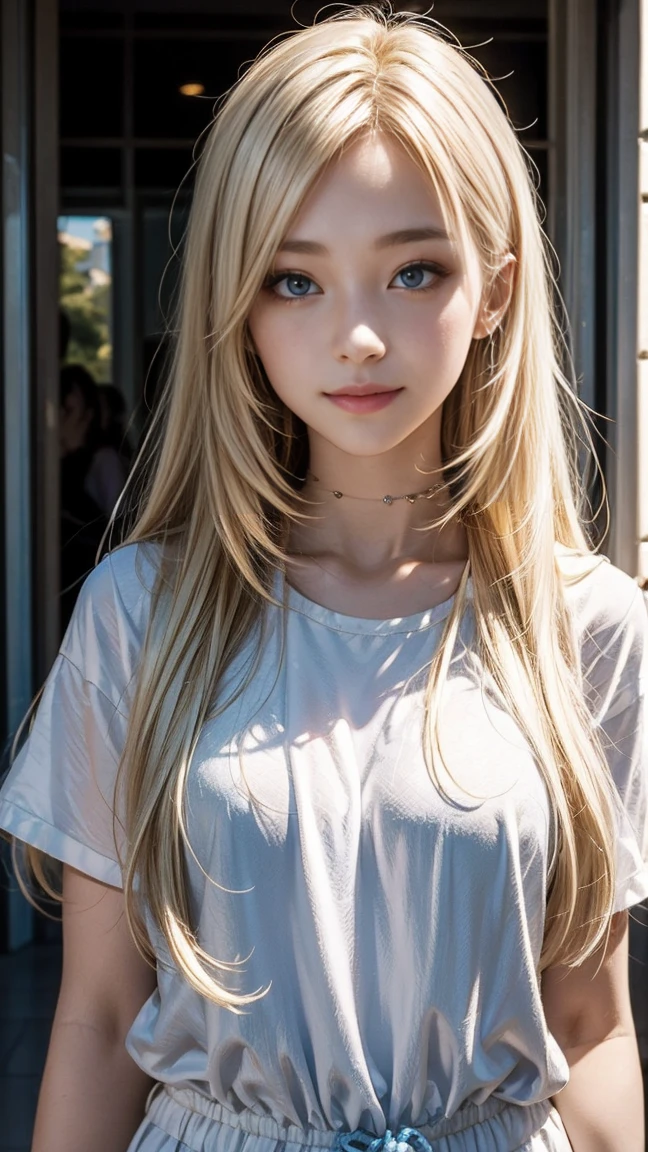 22 year old white female、hair color is blonde、long hair、straight hair、Eye color is blue、setting hair、I'm wearing a wristband、I'm wearing a choker、I'm wearing earrings、skin is smooth、smile、Slender but muscular body、My heart is pounding、high resolution、Greek mythology goddess costume、wearing、In the Arayanes courtyard of the Alhambra.、Skin is shiny、smile、I'm wearing lace-up sandals、I have a clutch bag