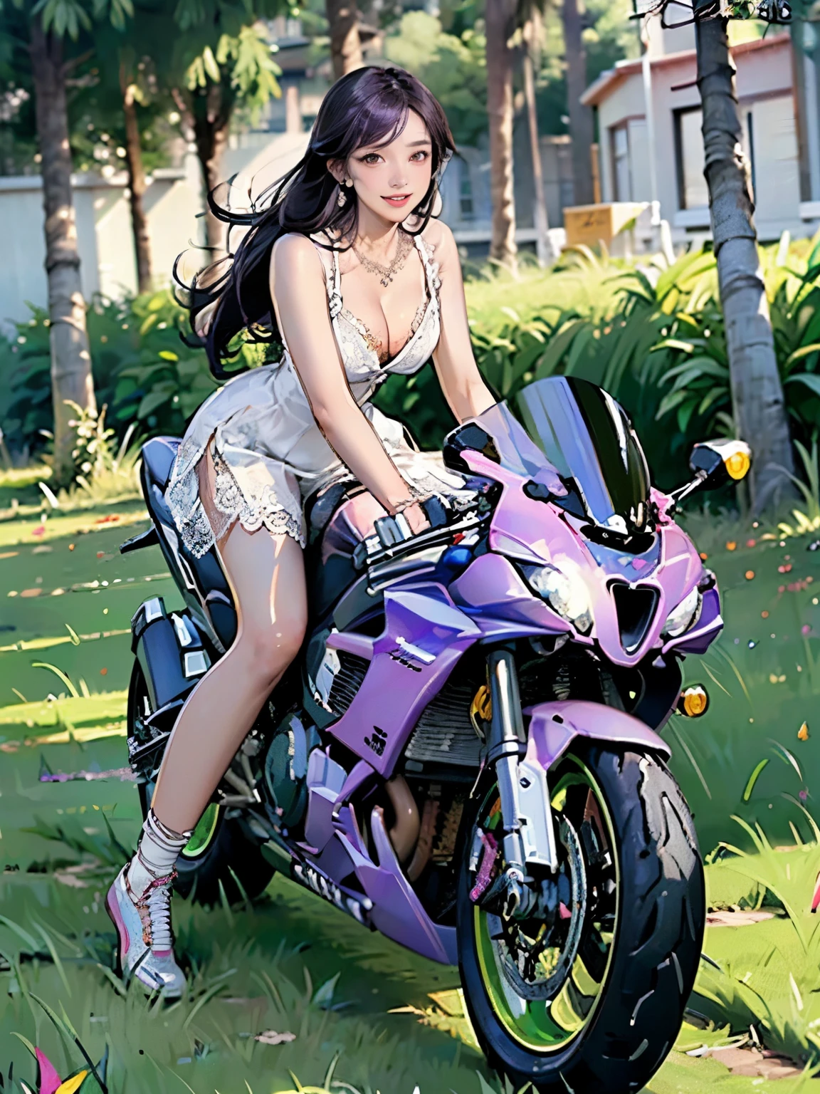 ((((highest quality))))、(((Ultra-precision CG16K wallpaper)))、(((masterpiece)))、(((Super detailed)))、(((Extreme detail)))、((1Mature 29 year old woman:1.6))、((Very beautiful Japanese faces))、((Zuo々Nozomi:1.8))、((Straight one-length semi-long hair、blunt bangs:1.5))、(Shiny brown hair)、Delicately drawn and beautiful face、Brown Eyes、eyeliner、Eyeshadow、High nose、Small nostrils、Small Mouth、Seductive lips、Beautiful breasts、((C cup size breasts))、Cleavage、Beautiful feet、eight-headed body、Perfect proportions、Perfect Anatomy、Perfect composition、Beautiful detailed shading、Beautiful, natural lighting、Beautiful detail glow、Depth of written boundary、(((High chroma)))、(((Real:1.9)))、((vivid:1.5))、((Beautiful Skin))、((Skin Texture))、((Realな皮膚感))、(((Full Body Shot:1.6)))、((front view、shoot from front、Low - Angle:1.6))、(((smile:1.5)))、((The woman is looking at this、looking at viewer:1.6))、Bright daylight、Natural light、(((Grass Square、Trees:1.5)))、(Riding Pose:1.6)、(((White lace-up mini dress:1.6)))、((necklace、Wearing earrings:1.3))、(((Woman is riding a motorcycle:1.8)))、