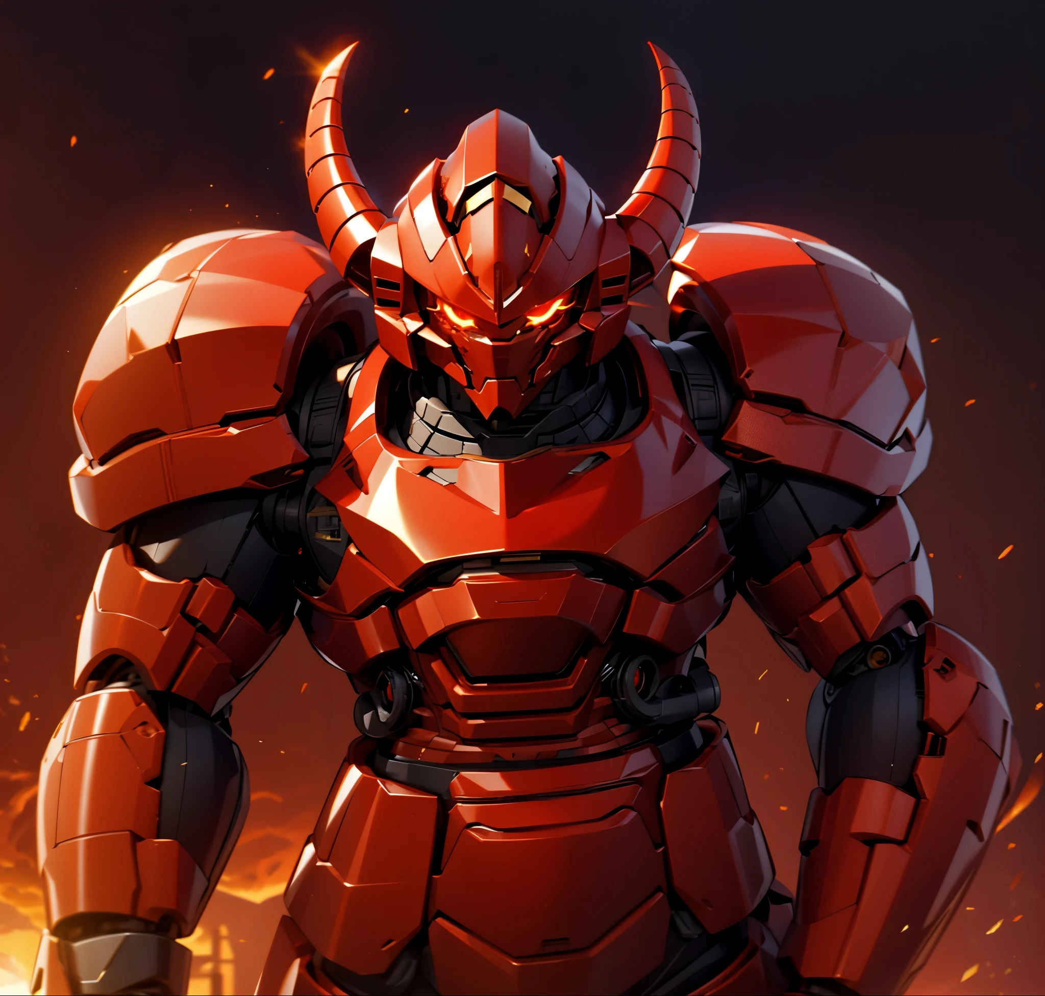 Robot, red mono eye, red body, high quality, golden horns on head, heavily armored,Robot, red mono eye, red body, high quality, golden horns on head, heavily armored, reddish-black shoulders, arm armor is an austere shade, sunset background,