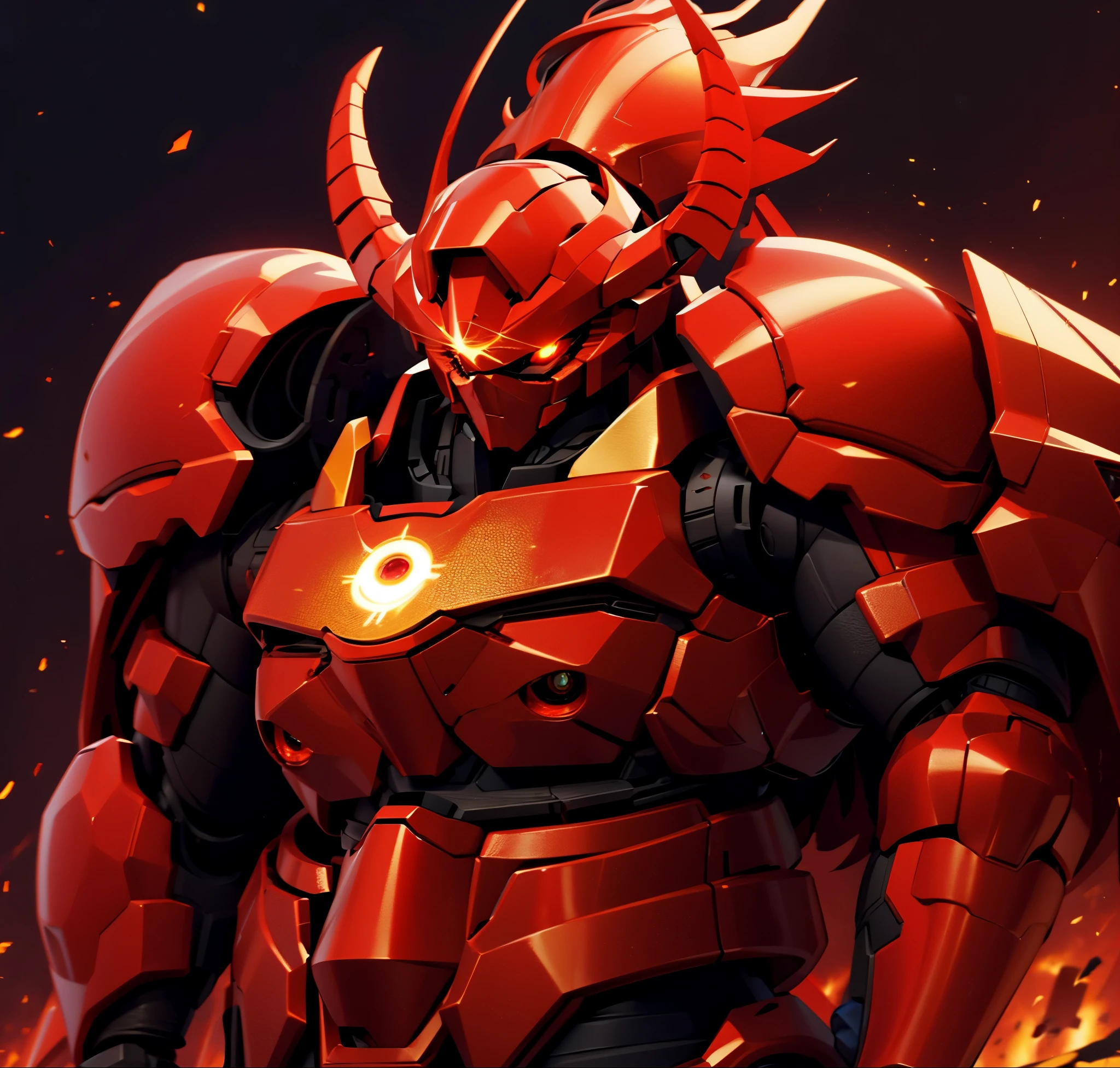 Robot, red mono eye, red body, high quality, golden horns on head, heavily armored,Robot, red mono eye, red body, high quality, golden horns on head, heavily armored, reddish-black shoulders, arm armor is an austere shade, sunset background,