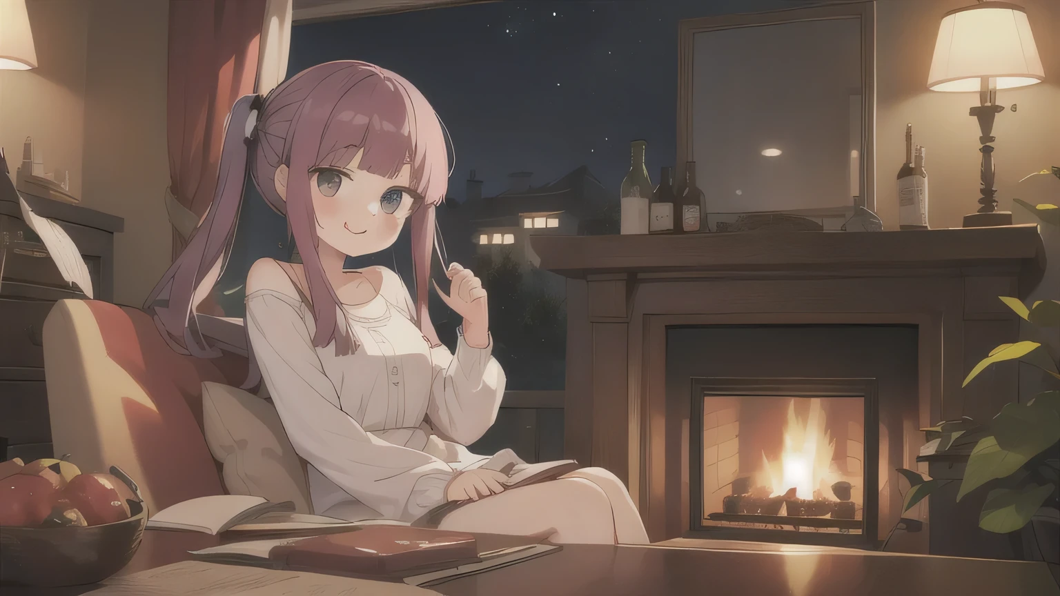 twin tails,One Girl,View your viewers,smile,fireplace,night