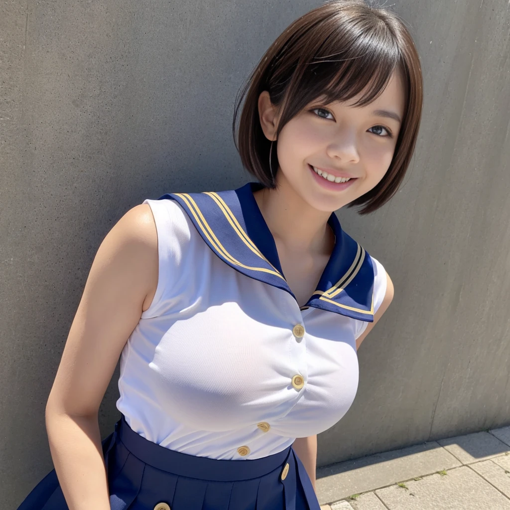 (One woman)、(Looking at me with a smile)、(Big Breasts)、(Nobody background)、(whole body)、Showing her side、forward leaning posture、Short Hair、(A tight, sleeveless, see-through sailor suit with buttons and a collar)、(Micro Skirt)