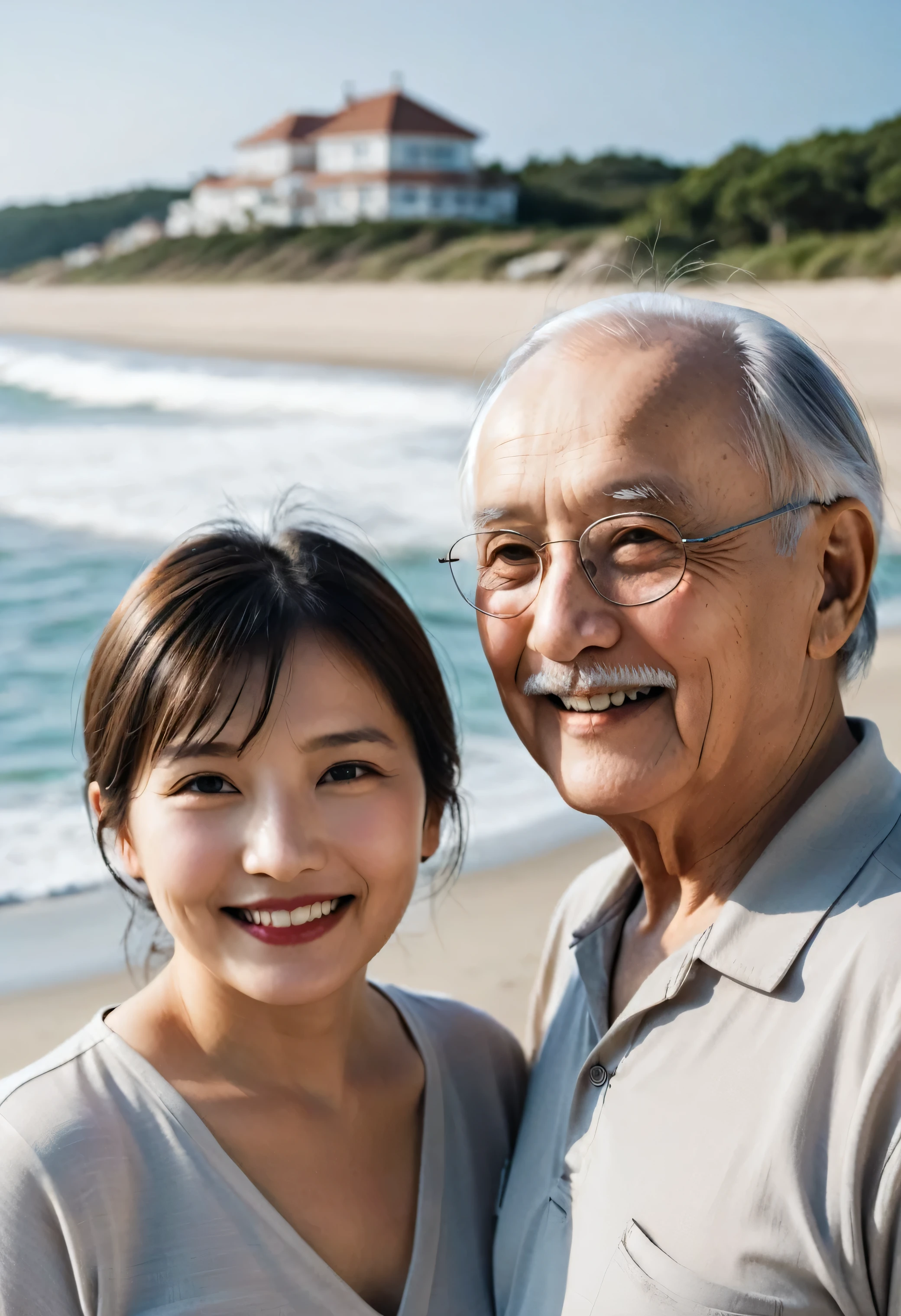 grandfather and grandmother smiling, against the backdrop of the beach, clear sky