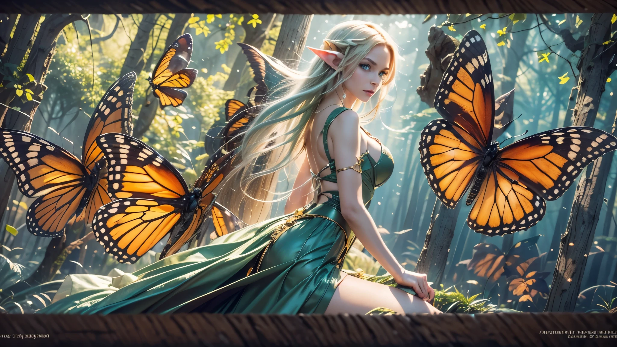 Beautiful faerie woman, elf ear, flying, massive monarch butterfly wings between shoulder blades, glowing blue eyes, detailed proportional hands, proportional body, firm breast, frank Frazzetta painting style, (Best Quality:1.4), (Ultra-detailed), (extremely detailed CG unified 8k wallpaper), Highly detailed, RAW Photos, Professional Photography, plein air, Illumination, (Super fancy photos:1.4), (Dazzling light), Radiant Photography, depth of fields