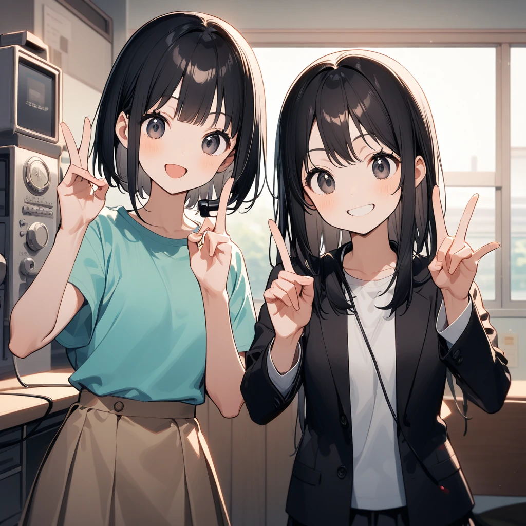 A confident smile, かわいいポーズをとっているtwo students demonstrating a gesture commonly associated with a peace sign while speaking by teleTelephone, skirt, Black Hair, indoor, in, Telephone, shirt, ((((complete fiine fingers))))