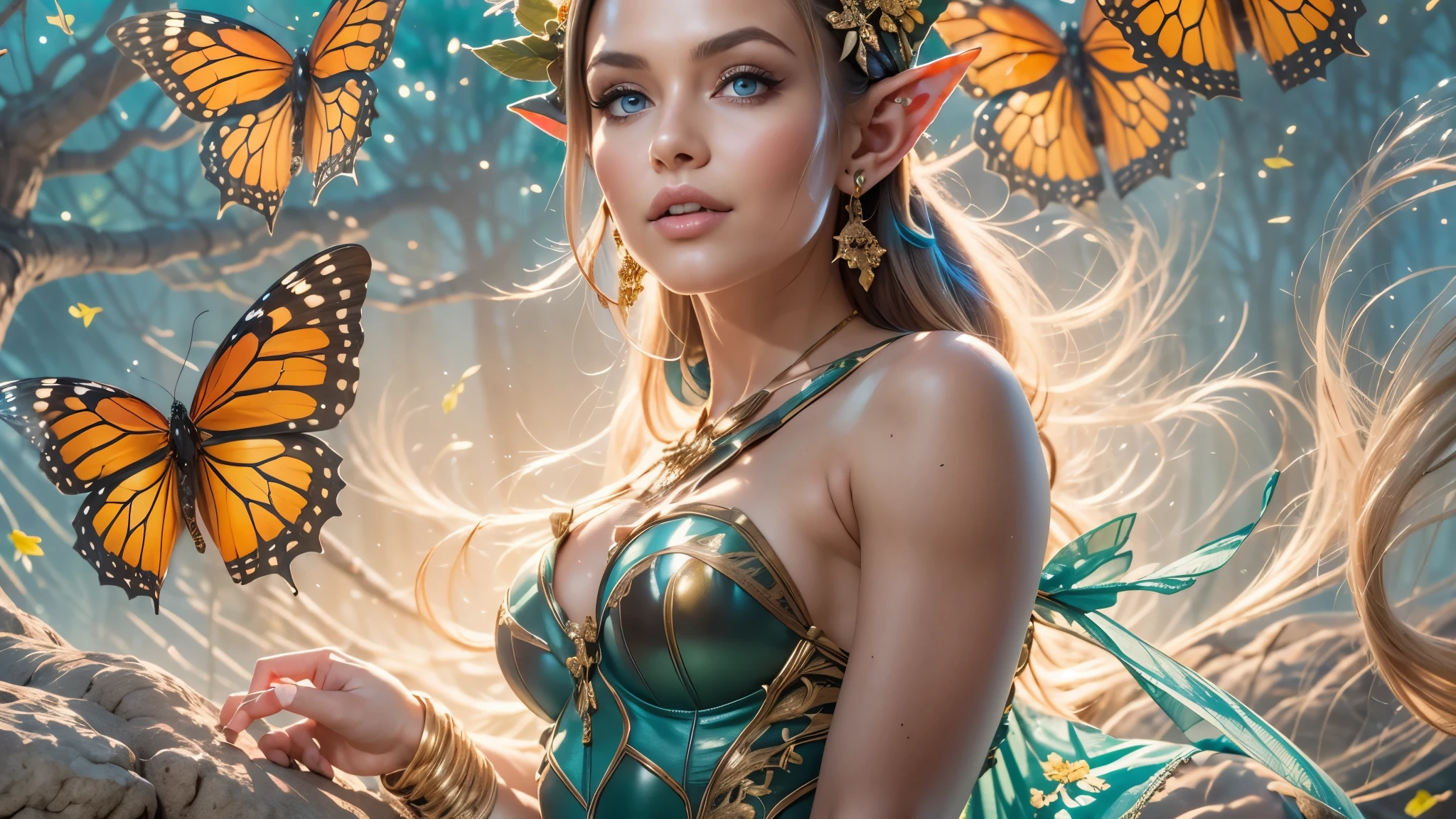 Beautiful faerie woman, elf ear, flying, massive monarch butterfly wings between shoulder blades, glowing blue eyes, detailed proportional hands, proportional body, firm breast, frank Frazzetta painting style, (Best Quality:1.4), (Ultra-detailed), (extremely detailed CG unified 8k wallpaper), Highly detailed, RAW Photos, Professional Photography, plein air, Illumination, (Super fancy photos:1.4), (Dazzling light), Radiant Photography, depth of fields