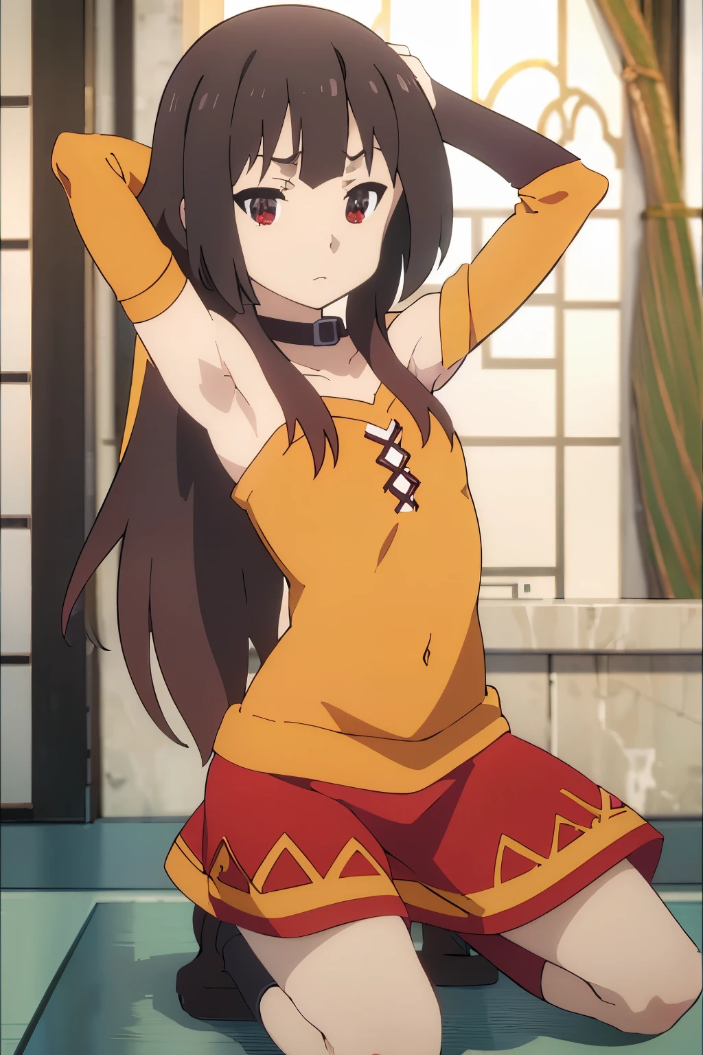 masterpiece, best quality, megumin.off shoulder-sweater. armpitpeek.armpit. flat. cute . young.cloth fell off. . kneeling. looking at viewer. . flat.skinny
