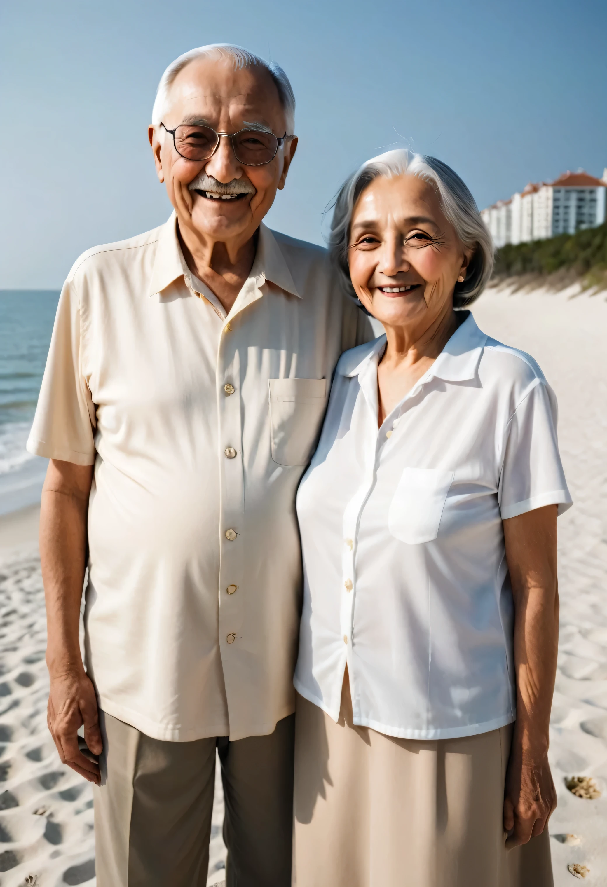grandfather and grandmother smiling, against the backdrop of the beach, clear sky
