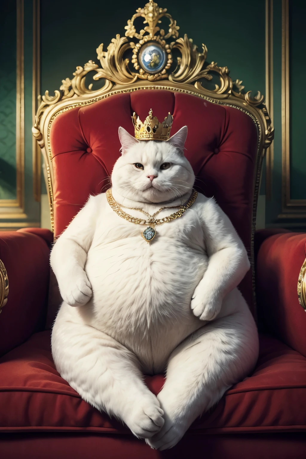 Royal fat cat sitting on the sofa in his palace wearing a crown