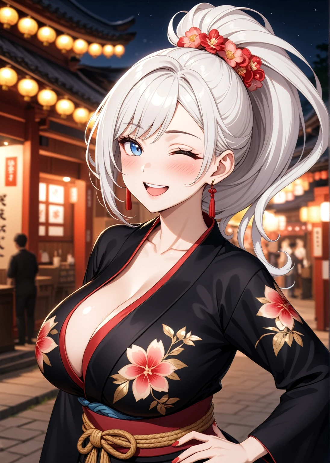 ((one personの女性)), Beautiful Face,Laughing in annoyance,((Wink:1.7)),Laughing with your mouth open,Bright red cheeks,Glossy pink lips,night,Shrine festival s高いs,((Anime style background)),masterpiece, highest quality, so beautiful, Latest, Complex details, (Pink long nails),AI-generated, Complex,High resolution, highest quality, super high quality,3D Images、View your viewers、3D Images,one person,Long white hair,High Ponytail,blue eyes,Anime woman posing for a photo, [[Fine grain、Colorful eyes、Shining Eyes:1.15]],(Squint your eyes:1.1),a hyperRealistic , hyperRealistic , Realistic,Anime woman with long and white hair, Smooth anime CG art, A woman in a colorful kimono with gold embroidery, (Black kimono),Red floral pattern,Long flower hair ornament,Big earrings,Mature Body,(Big Breasts:1.2),Tall,Big Ass,Fine details,Narrow waist,(Face close-up:1.5),Diagonal Background,Bending the hips