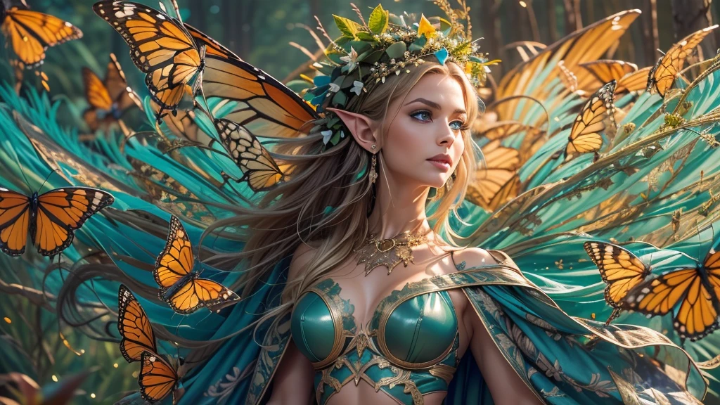 Beautiful faerie woman, elf ear, flying, massive monarch butterfly wings between shoulder blades, glowing blue eyes, detailed proportional hands, proportional body, firm breast, frank Frazzetta painting style, (Best Quality:1.4), (Ultra-detailed), (extremely detailed CG unified 8k wallpaper), Highly detailed, RAW Photos, Professional Photography, plein air, Illumination, (Super fancy photos:1.4), (Dazzling light), Radiant Photography, depth of fields