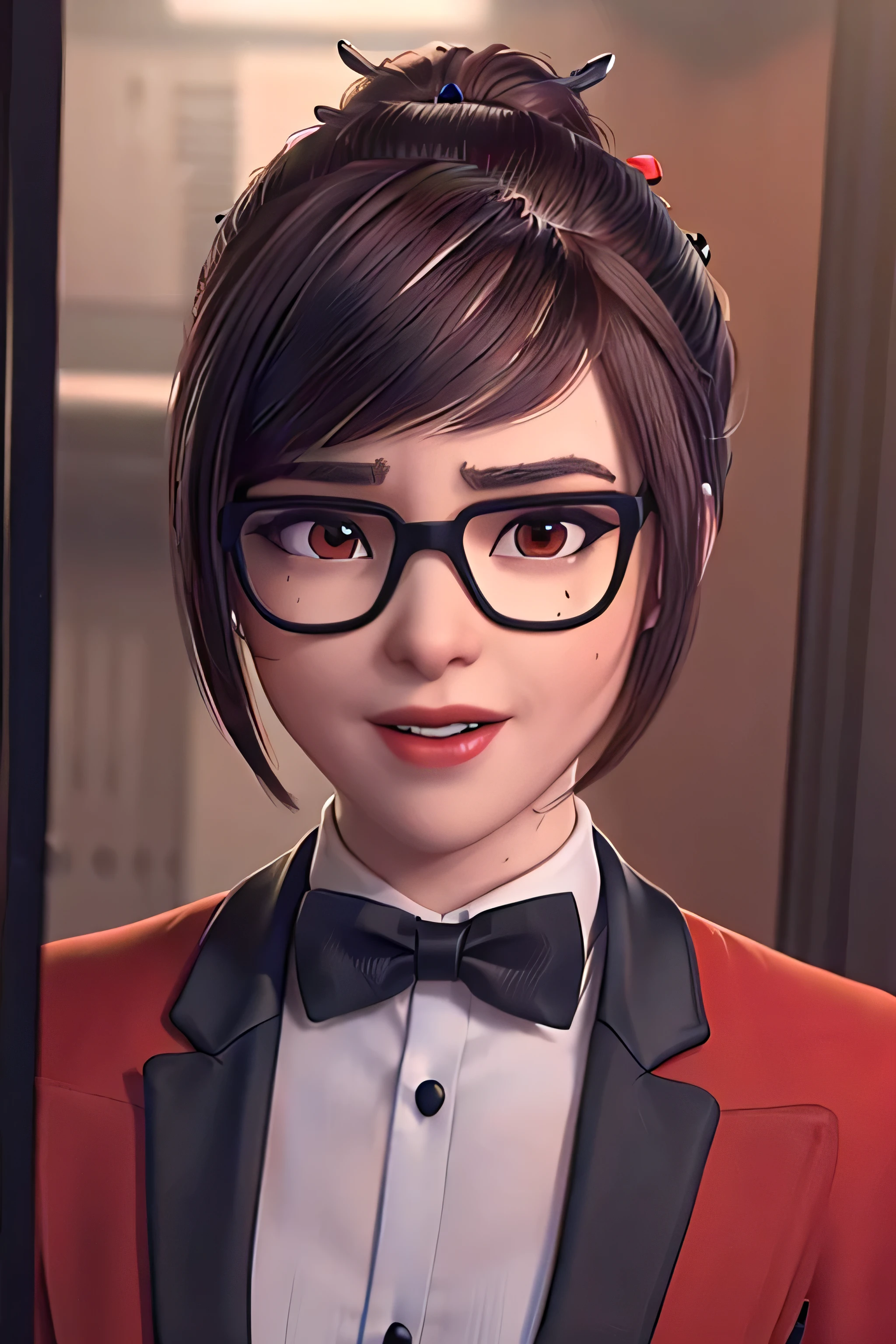 realistic, realism, photorealism, photo-realistic, high contrast, (photorealistic:1.4), 8k high definition detailed realistic,  (best quality, masterpiece:1.2),  photon mapping, radiosity, physically-based rendering, best quality, highly detailed, 1girl, owmei, skirt suit, (((red tuxedo))), (((three-piece tuxedo))), dress shirt, (((black bowtie))), ((red blazer)), ((dinner jacket)), (((bodycon pencil skirt))), formal, (((red lipstick))), (((smile))), (((laughing))), (((smug))), (((flirting))), (((hair up))), (((hair bun))), glasses, professional, (((high collar))), (((tailored bespoke suit))), (((hair pin))), bedroom eyes, smirk, confident, cufflinks, (((shiny lapel))), (((mascara))), (((dark eyeshadow))), (((adjusting cufflinks)))