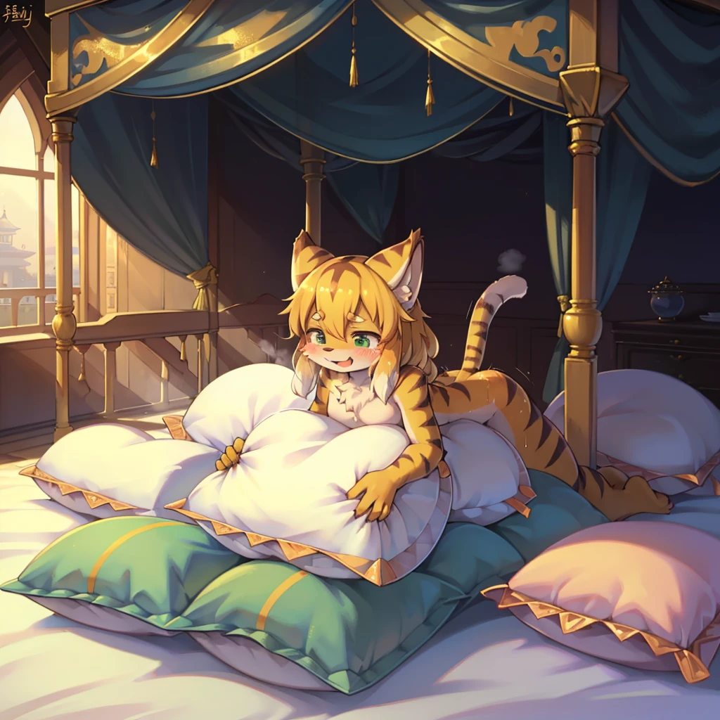 (masterpiece,best quality),my own, The Beast, , (适合任何Pillow背景的光影)), 穿着pajamas可爱女孩在Pillow上摆姿势 ,pajamas,Nature,, (blush),a smile,Pillow头,(很多Pillow),Soft cushion,(canopy bed),Soft pillow quotation,(Pillow损坏),很多Pillow,(Crotch rubbing),((Pillow驼峰)),(Pillow),(A tail),,(粉色Pillow),(Love around the protagonist),Steam,(Pillow头),(),(豪华Pillow),(Pillow),(palace),(Palace bedroom),(Pillow),柔软的Pillow,,(Classical European style bedroom ),(excited,shy person,Lack of expressiveness,),,pillow humping,mia,tiger tail,tiger ears,Tiger pattern,,Sweat,,Sweaty,Body swing,身体Shaking lines,Shaking lines,best quality, masterpiece, ((Maximum resolution)), artwork, ,,,(Interior of the palace),(In the bedroom at night),(Deluxe Rococo Canopy King Bed),On a big and spacious bed,(the 女孩 is lying on the bed),Before bedtime,,,Luxurious curtains with ornate ruffles and ribbons surround the bed,((((There are many pillows piled on the bed)))),Detail of Quilt,Detailed bed sheets,Ruffled Bed Skirt,Deep Bed,Background with depth,pajamas , ((((大量的Pillow)))),peeing,squatting,water,urine,Shaking lines,wetting pillows,Flowing liquid