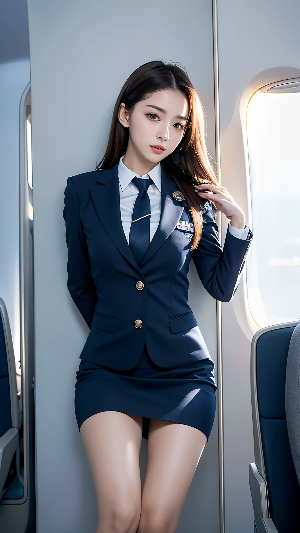 Top Quality, Masterpiece, 8K, Ultra High Definition, (Photorealistic: 1.4), 1 Girl, Beautiful Face, Symmetrical Eyes, Big, Perfect Body Proportions, Stewardess Uniform, Viewer's Look, (Inside the Airplane: 1.2), Front View, Shoulder Jump, Absolute Area (1.3),