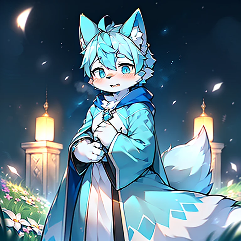 Anthropomorphic standing furry little wolf,Lovely, Light:極端的Light與影,(Flower charcoal(Hairy all over,Close-up of head and chest, light blue hair,Big light blue ears,Big blue eyes,The mouth is a little bigger,White fur,blushed skin ,Sky blue eyes, light blue hair:1.2), (Long canine teeth、Thick blue cape,White fur trims:1.2),(night、lawn)) ,((night的黑暗森林深处,firefly,solo,The only person)),((detail)),(Depth of Field),(Acting cute),(stand up))