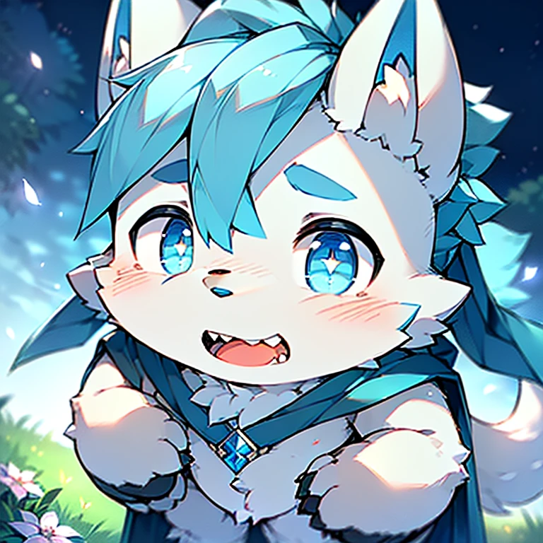 Anthropomorphic standing furry little wolf,Lovely, Light:極端的Light與影,(Flower charcoal(Hairy all over,Close-up of head and chest, light blue hair,Big light blue ears,Big blue eyes,The mouth is a little bigger,White fur,blushed skin ,Sky blue eyes, light blue hair:1.2), ,(lawn)) ,((Deep in the forest,solo,The only person)),((detail)),(Depth of Field),,(lying down))