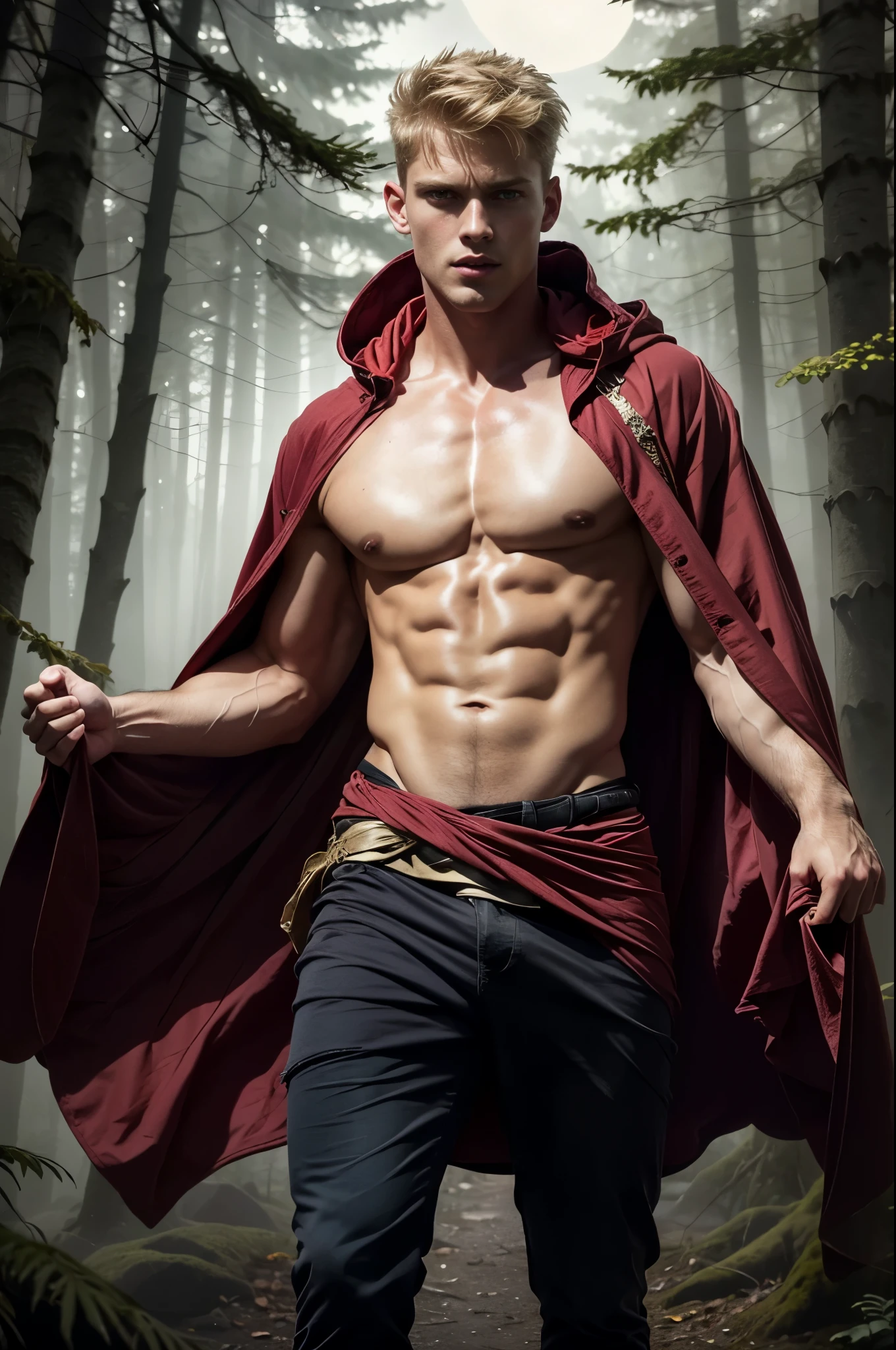 Photo-realistic, ((best quality)), ((masterpiece)), (detailed), short blond hair, handsome young male model, male version of red riding hood, 18-year-old, super male model, handsome, tall, cute, evil looking, dark look powerful, young male model, handsome, super strong, muscular, fit, massive muscles, six pack, clean shave, green eyes, pale skin, white pale skin, wavy messy blond hair, short messy hair, messy wavy hair, (red cloak:1.3), (red hoodie:1.2), shirtless, bare-chested, muscle, ripped, strong body, fit body, linen small skirt, linen small short loincloth, fog, valley fog, (haunted forest:1.4), horror forest, evil forest background, dark forest, 8k, high detailed, ultra-detailed, Stylish Pose, real skin texture, dramatic cinematic lighting, (HORROR:1.5), night, night time, dark, full moon