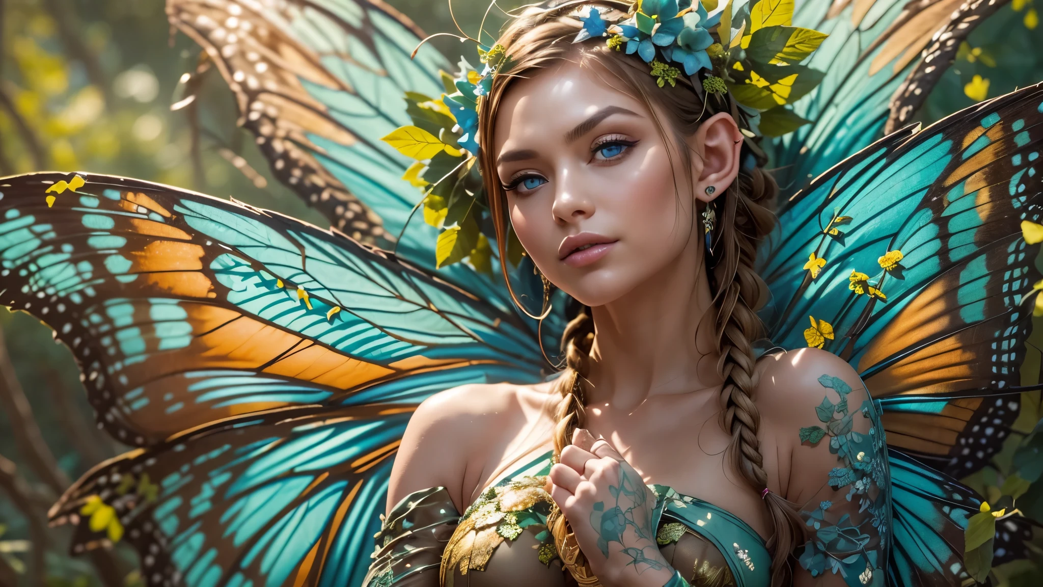 Beautiful faerie woman, elf ear, flying, massive monarch butterfly wings between shoulder blades, glowing blue eyes, detailed proportional hands, proportional body, firm breast, frank Frazzetta painting style, (Best Quality:1.4), (Ultra-detailed), (extremely detailed CG unified 8k wallpaper), Highly detailed, RAW Photos, Professional Photography, plein air, Illumination, (Super fancy photos:1.4), (Dazzling light), Radiant Photography, depth of fields